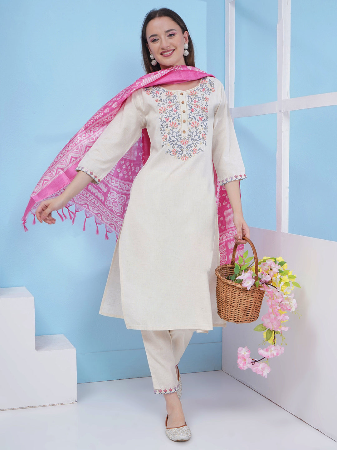 Embroidery Khadi Suit Set - Cream & Pink
