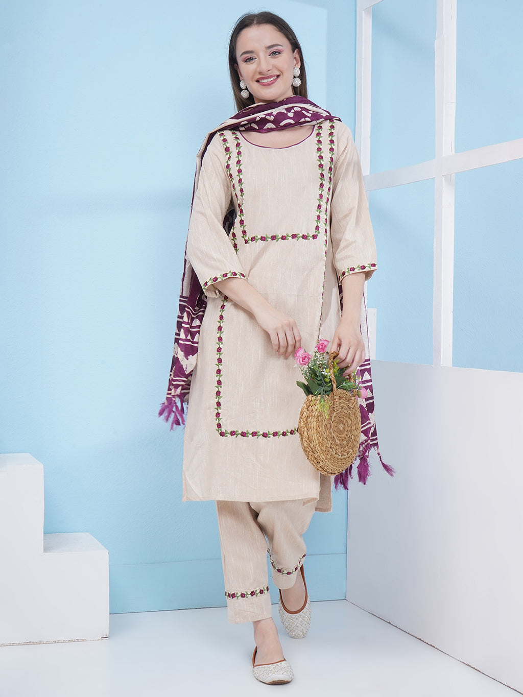Embroidery Khadi Suit Set - Cream & Purple