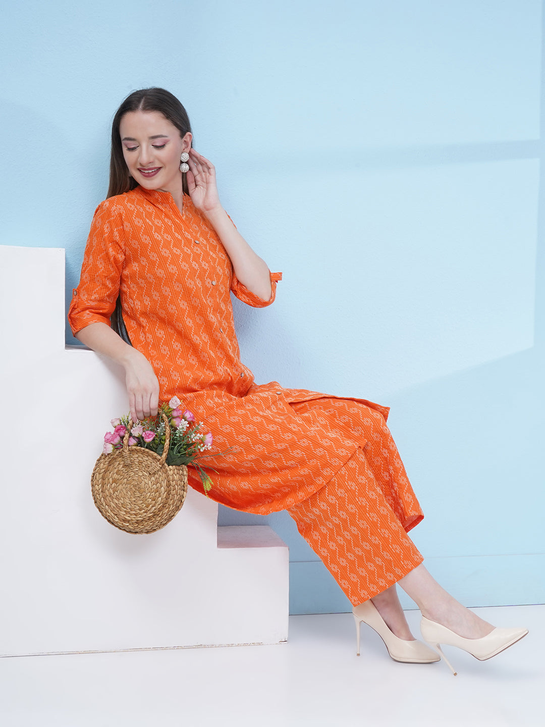 Printed Cotton Co-Ord Set - Orange