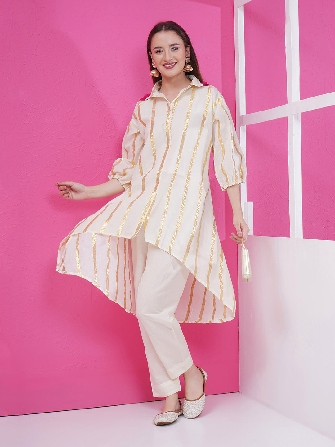 Asymmetrical Golden Stripes Kurti & Pant Set - Cream