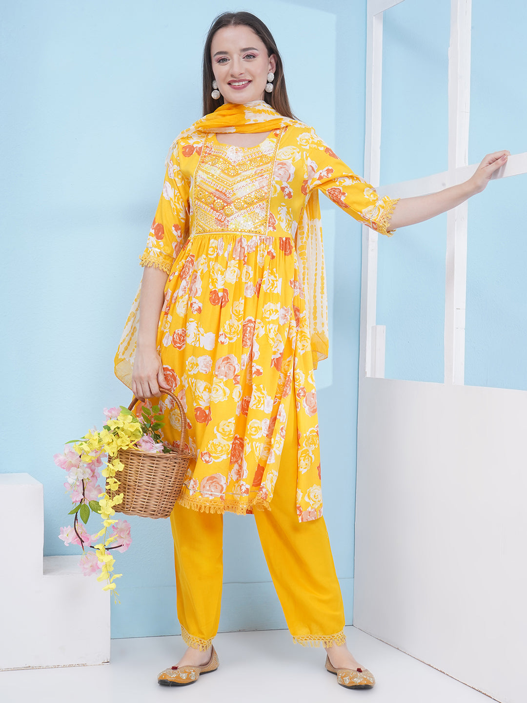 Nyra Cut Floral Print Suit Set - Yellow