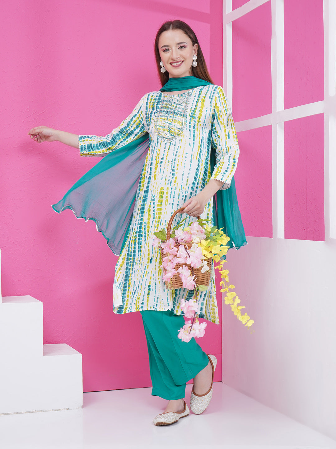 Printed Suit Set - White & Turquoise