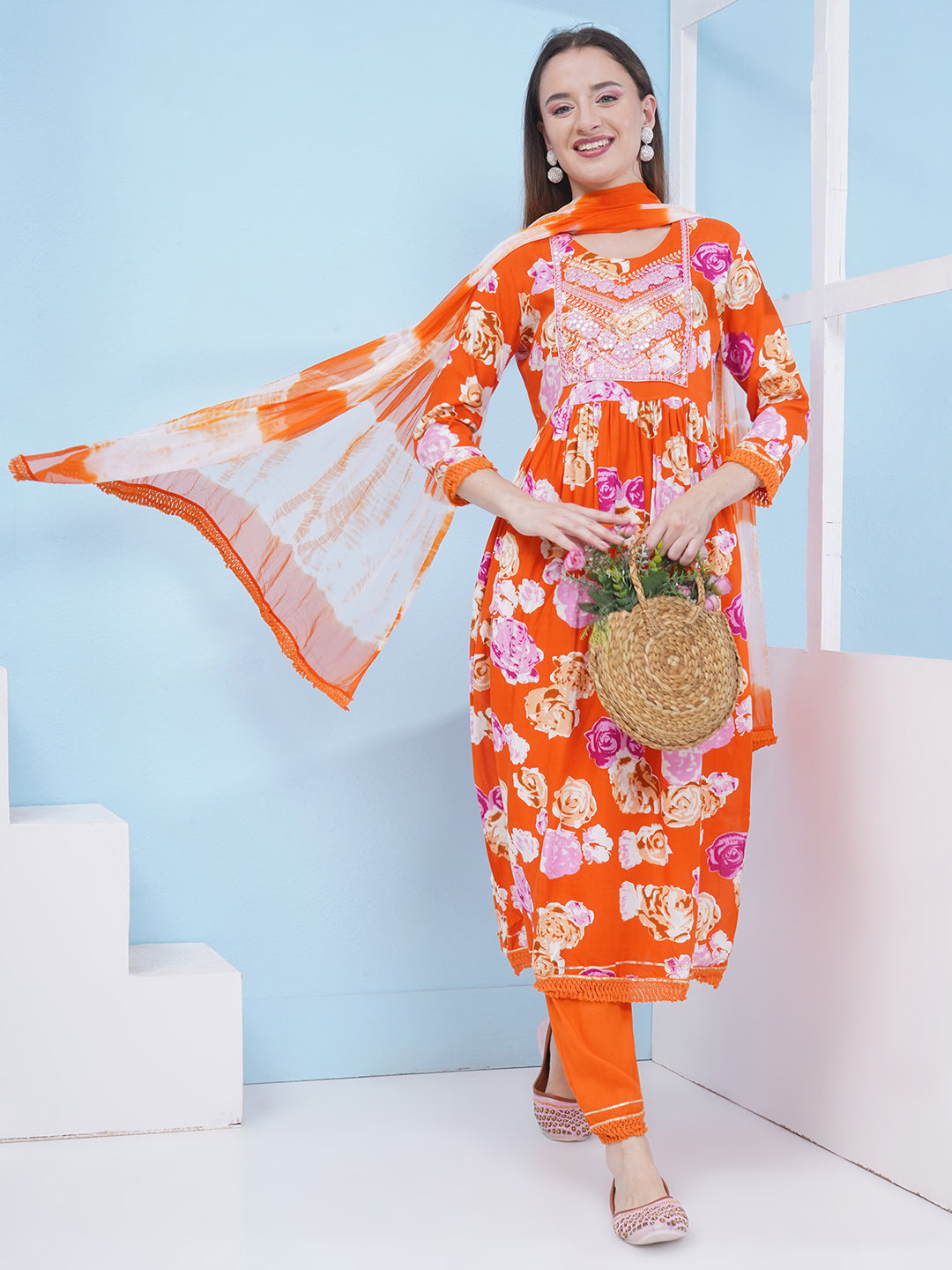 Nyra Cut Floral Print Suit Set - Orange