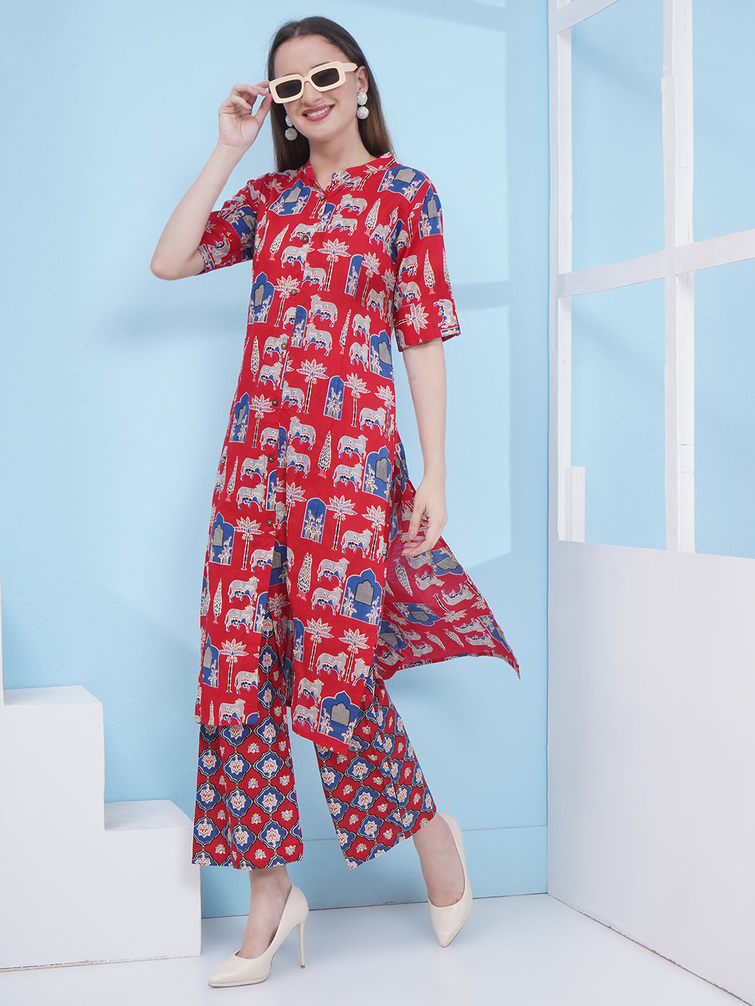 Printed Co-Ord Set for Women - Red & Blue