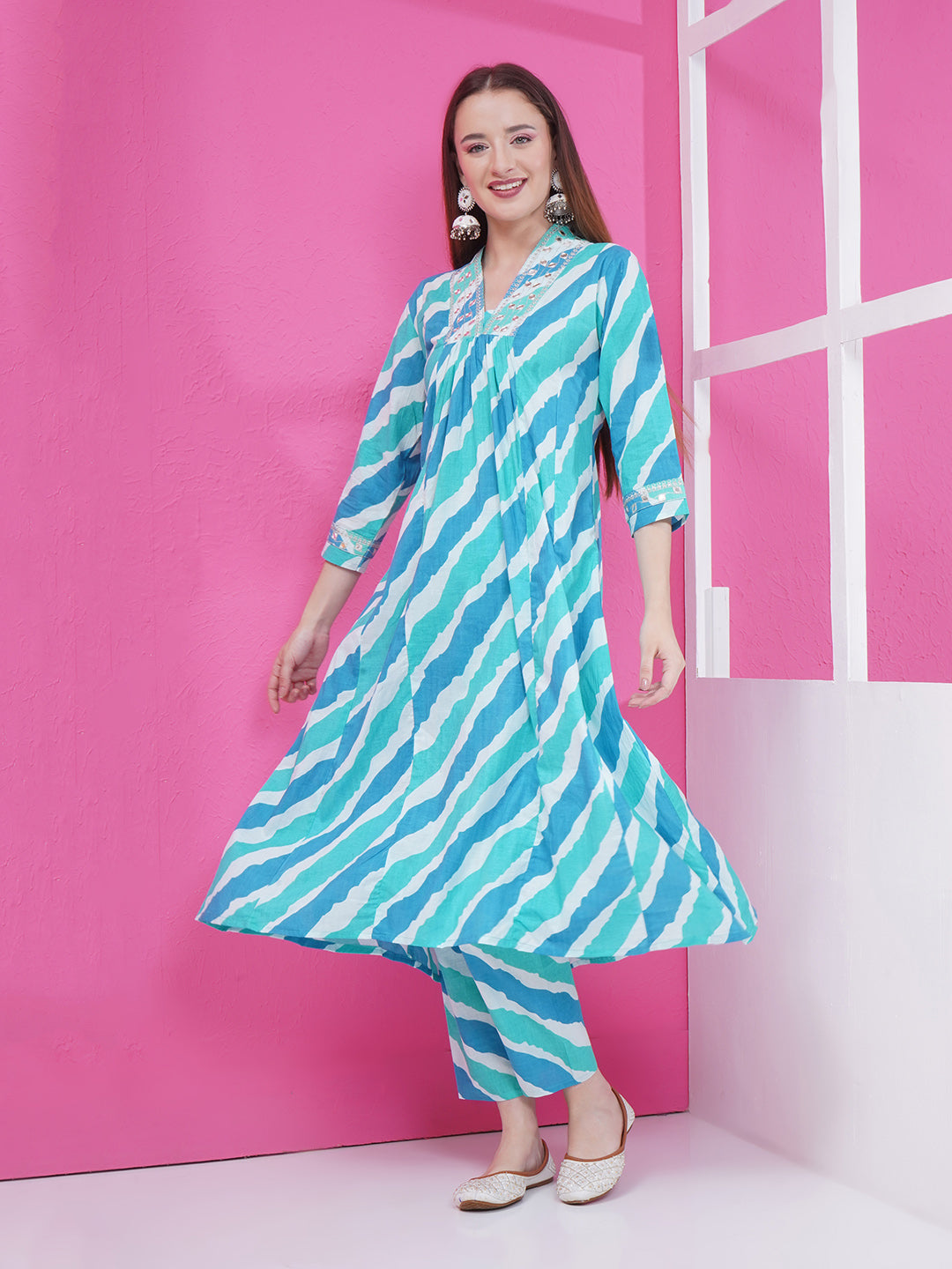 Lehriya Kurti & Pant Set - Cyan & Blue