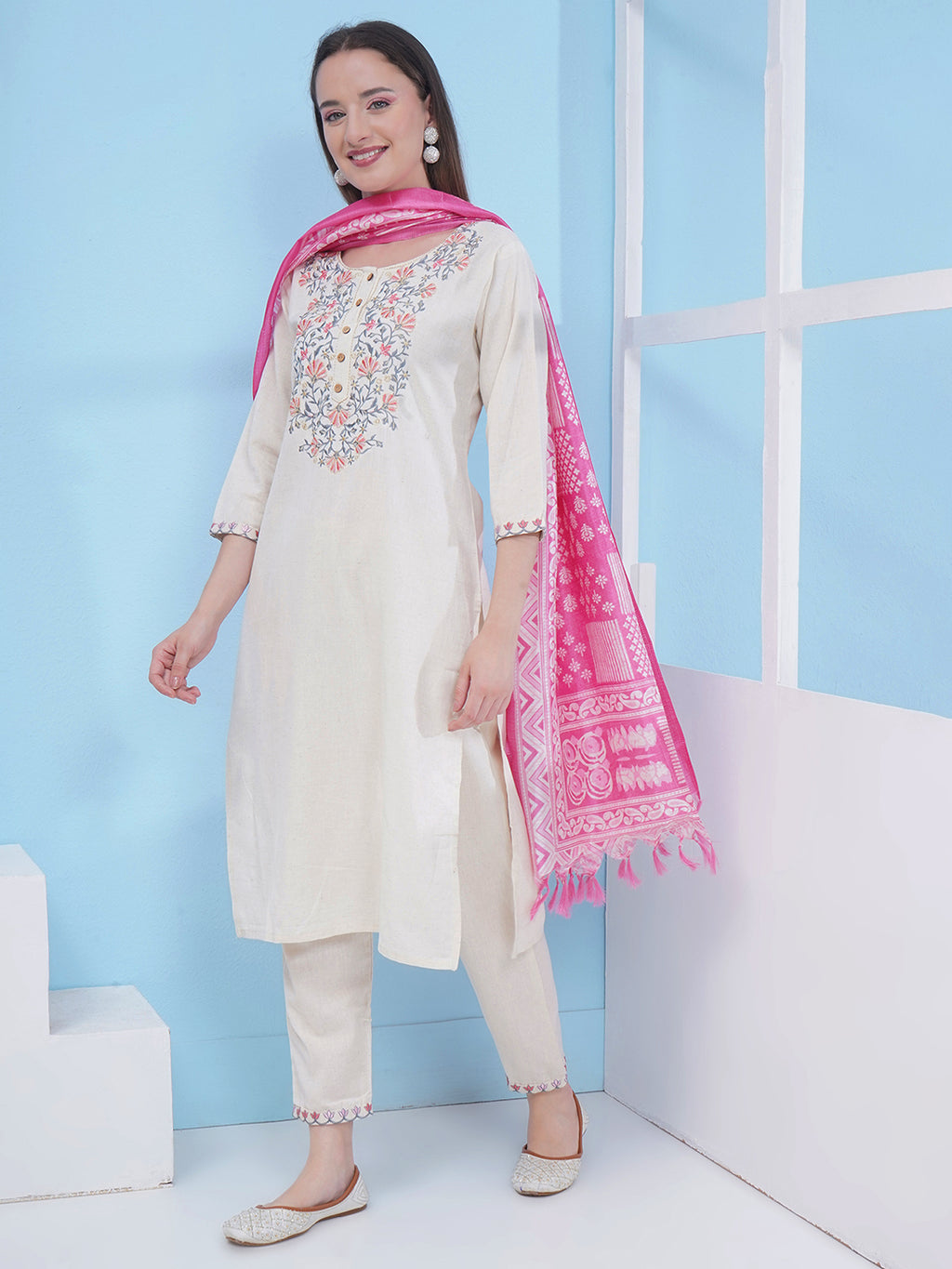 Embroidery Khadi Suit Set - Cream & Pink