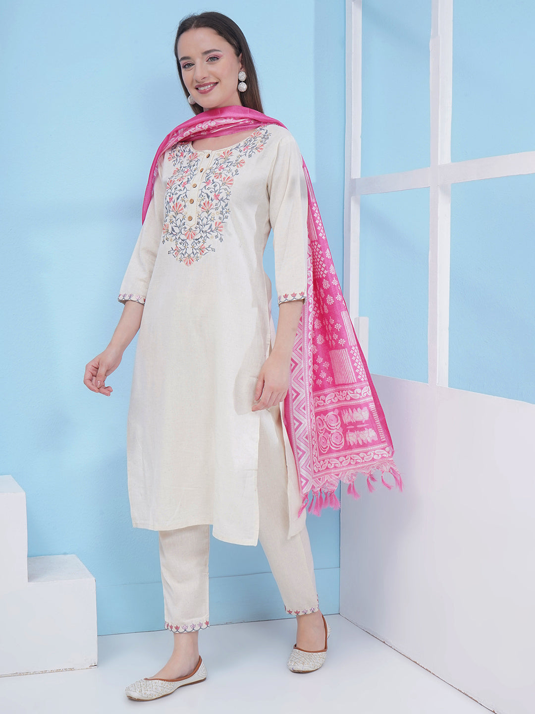 Embroidery Khadi Suit Set - Cream & Pink