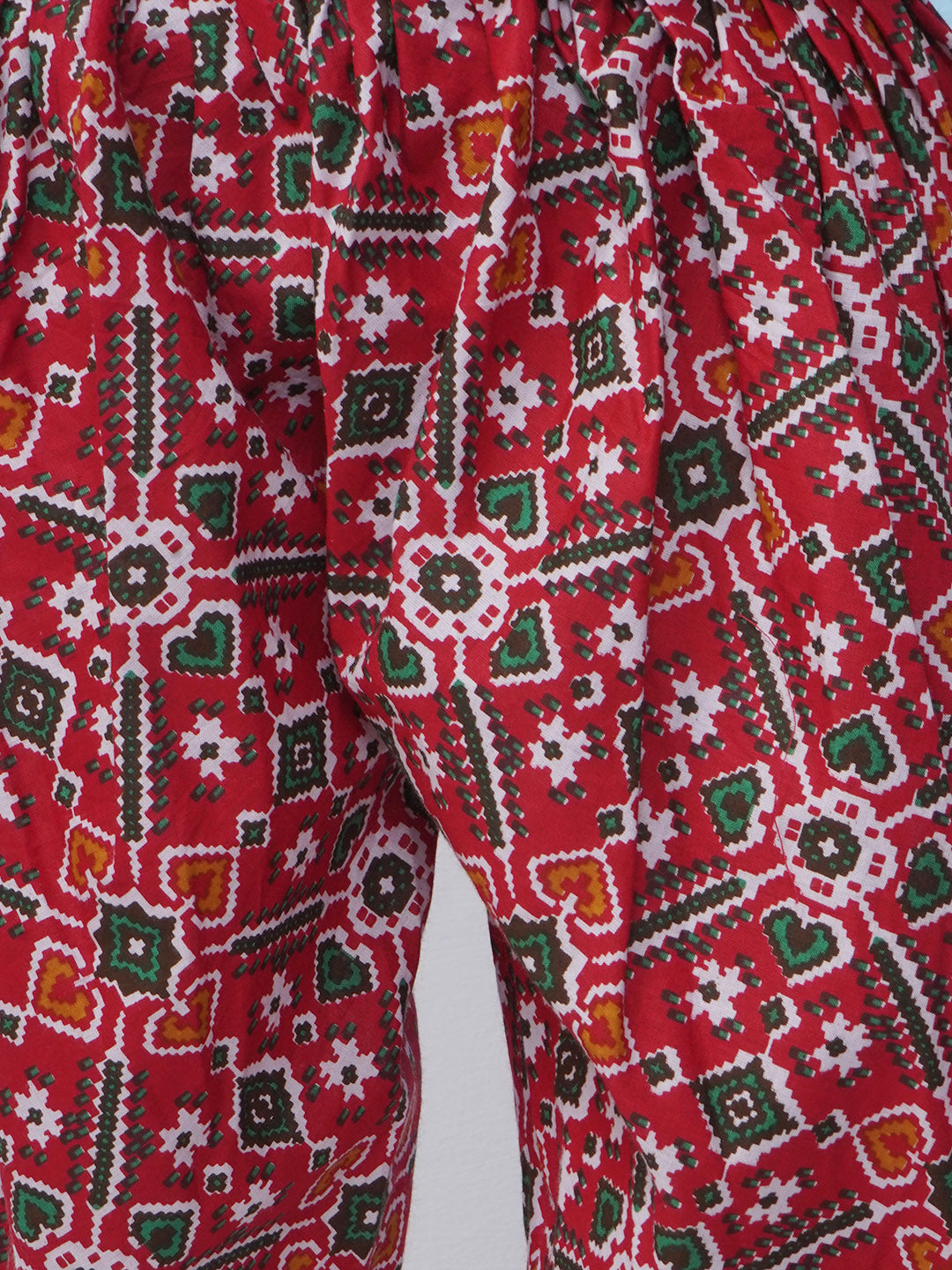 Girls Patola Print Gotta Patti Cotton Kurti with Dhoti Pant - Red
