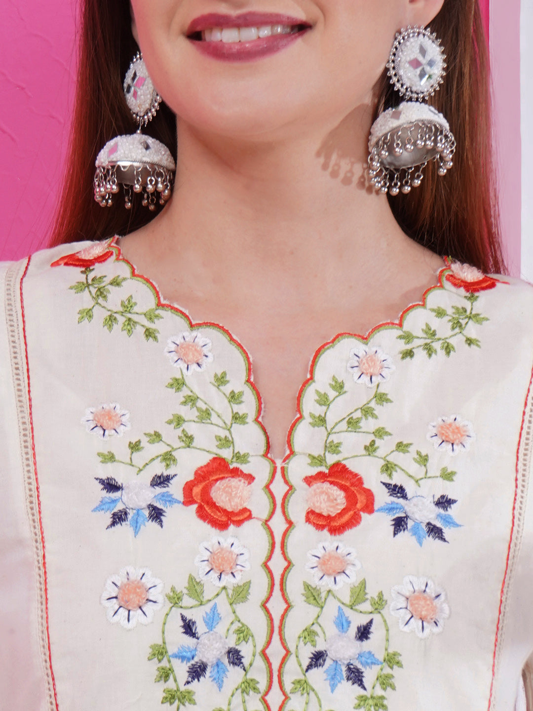 Embroidery Khadi Kurti & Pant Set - Cream