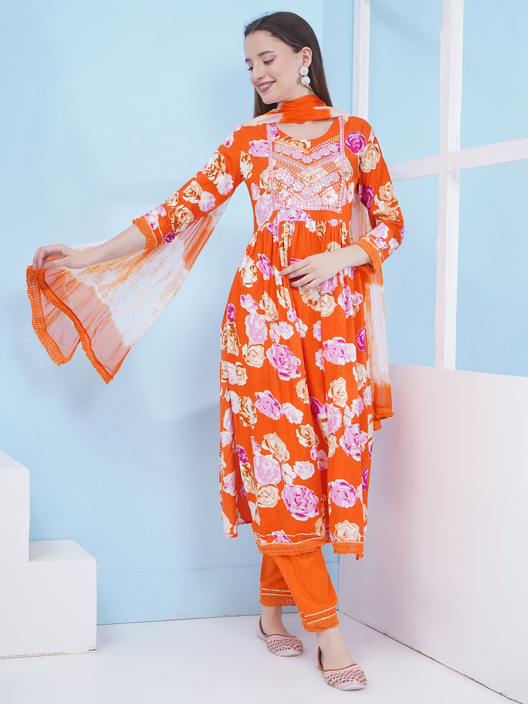 Nyra Cut Floral Print Suit Set - Orange
