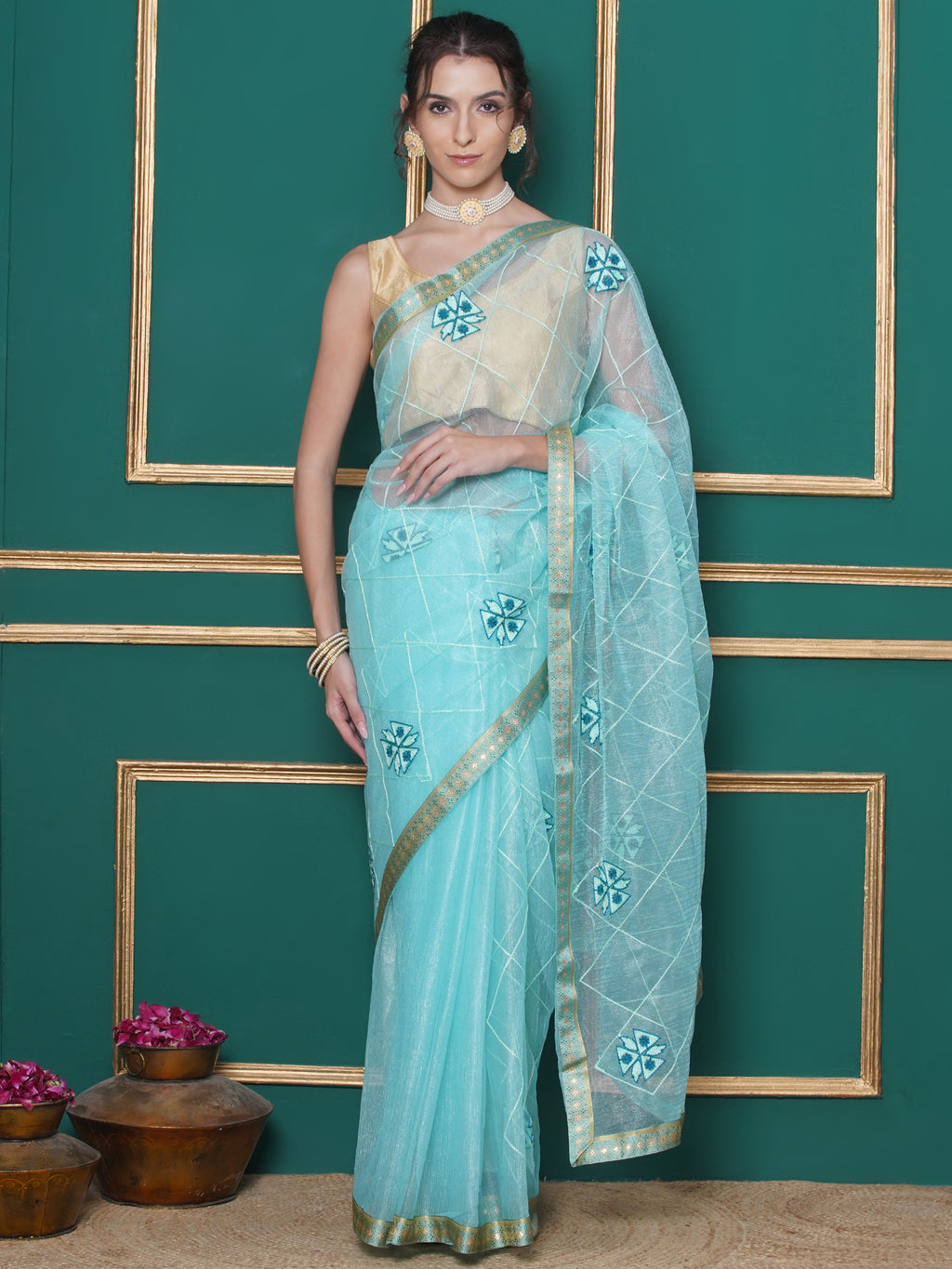 Net Embroidery Saree - Cyan