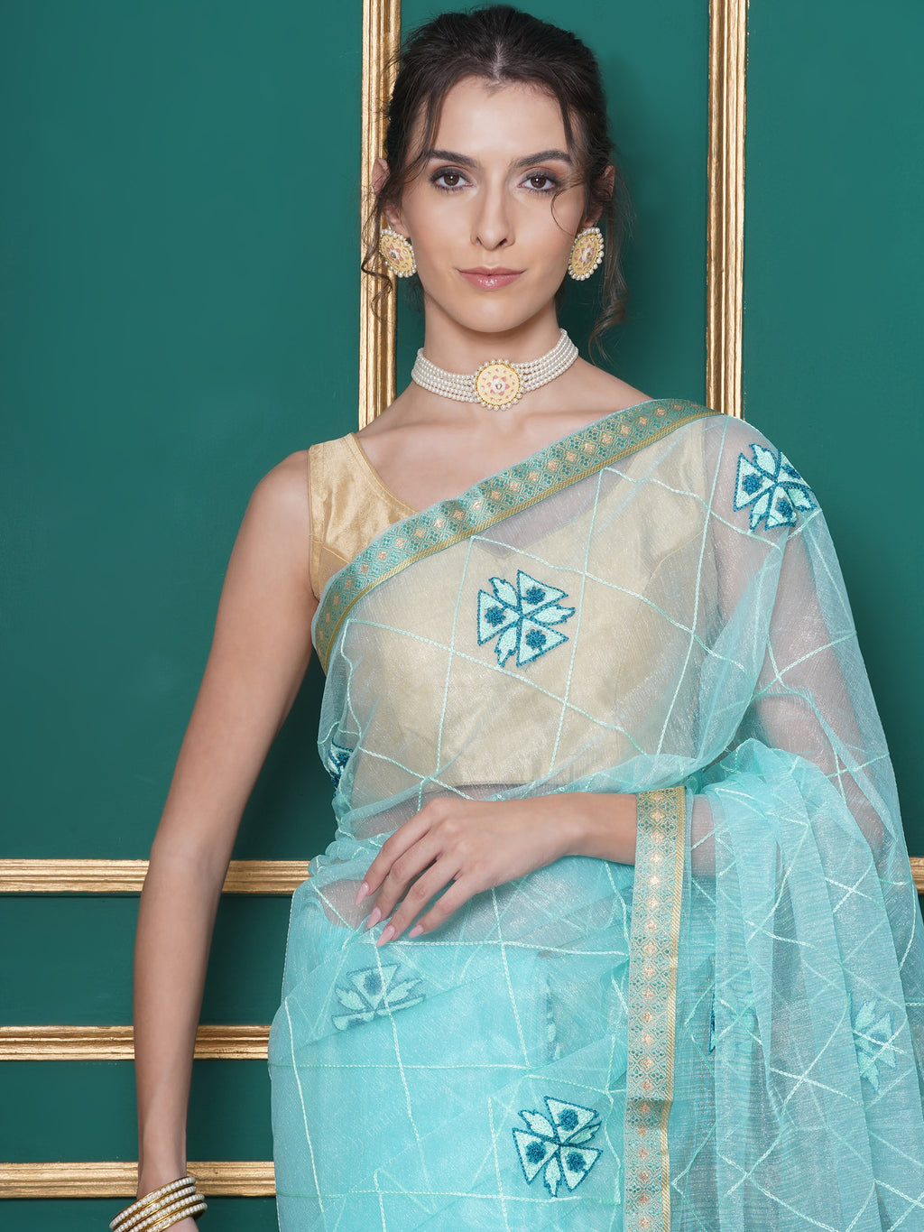 Net Embroidery Saree - Cyan