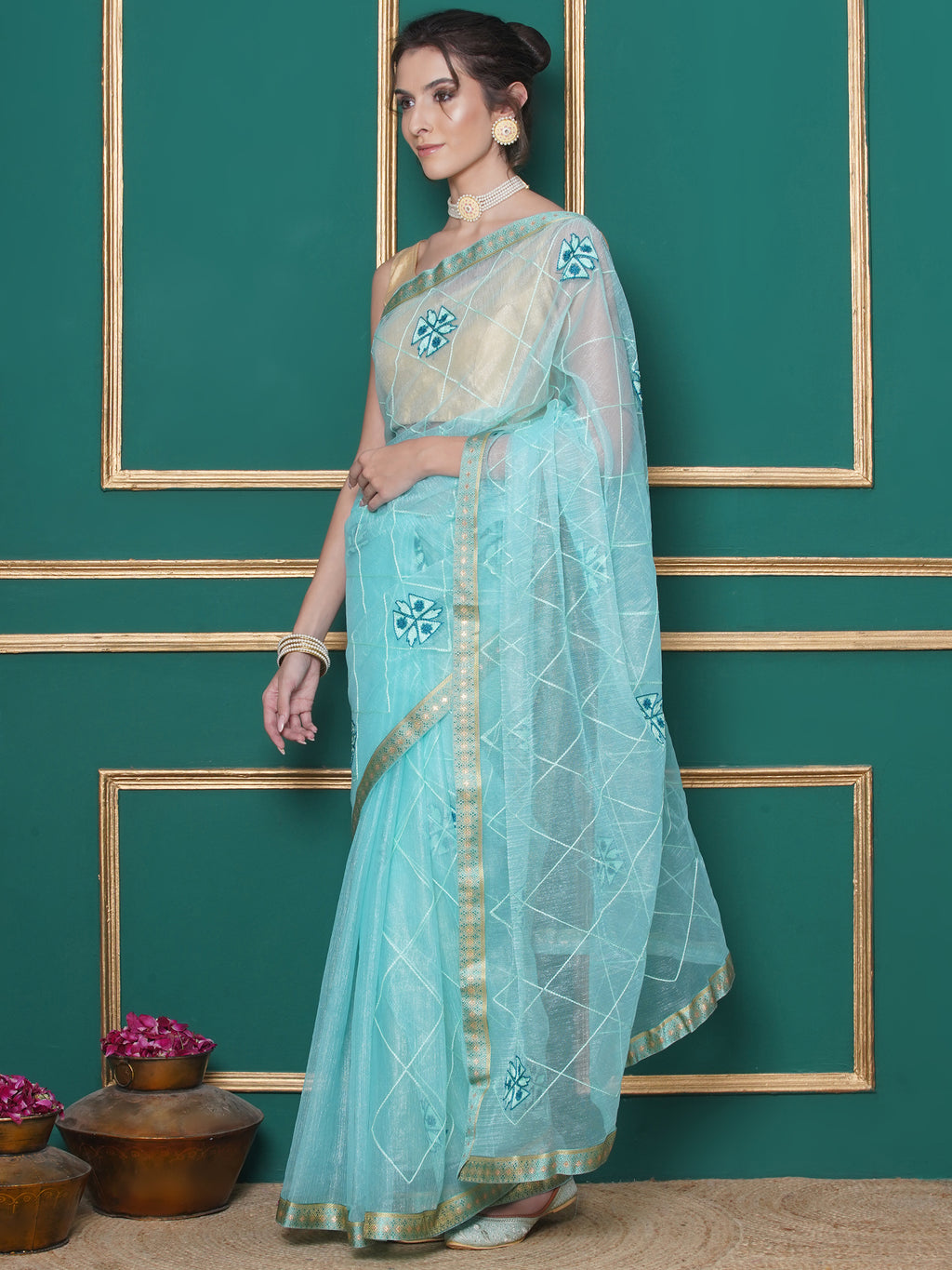 Net Embroidery Saree - Cyan