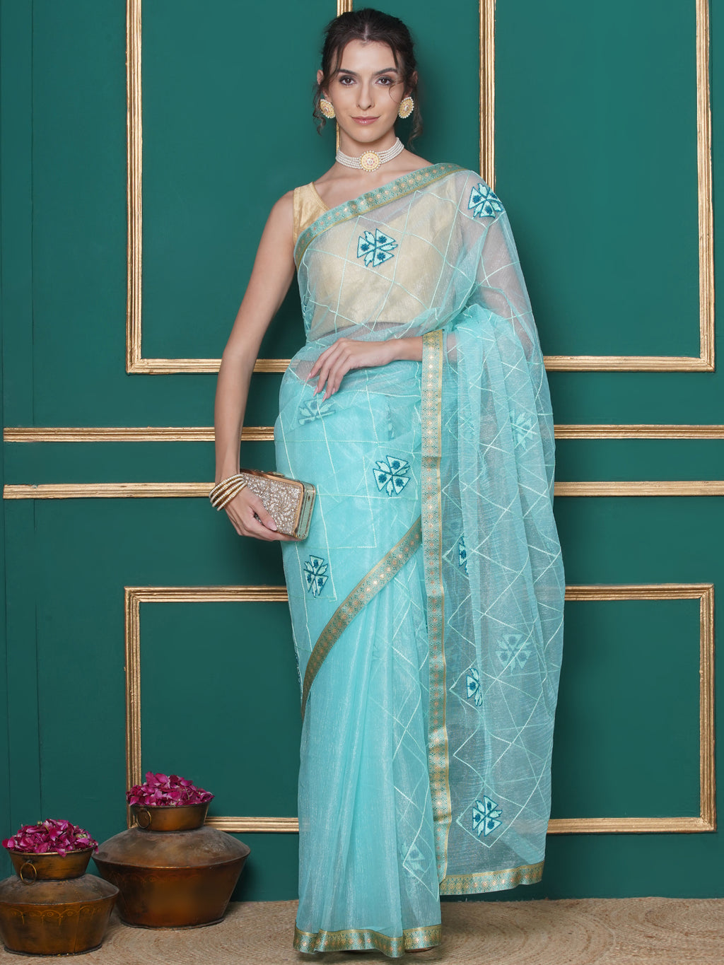 Net Embroidery Saree - Cyan