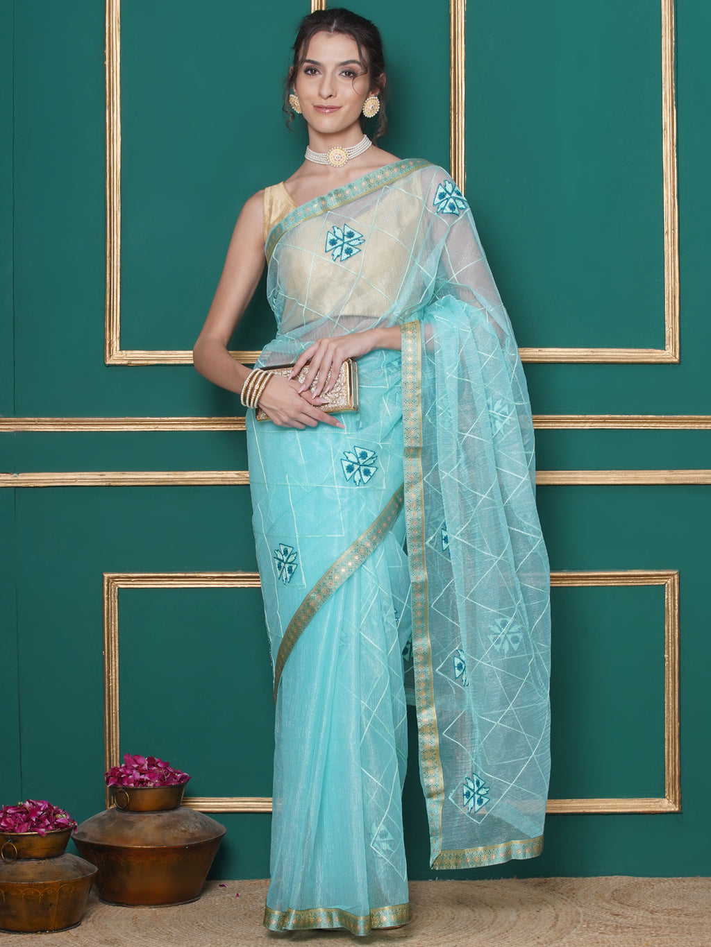 Net Embroidery Saree - Cyan
