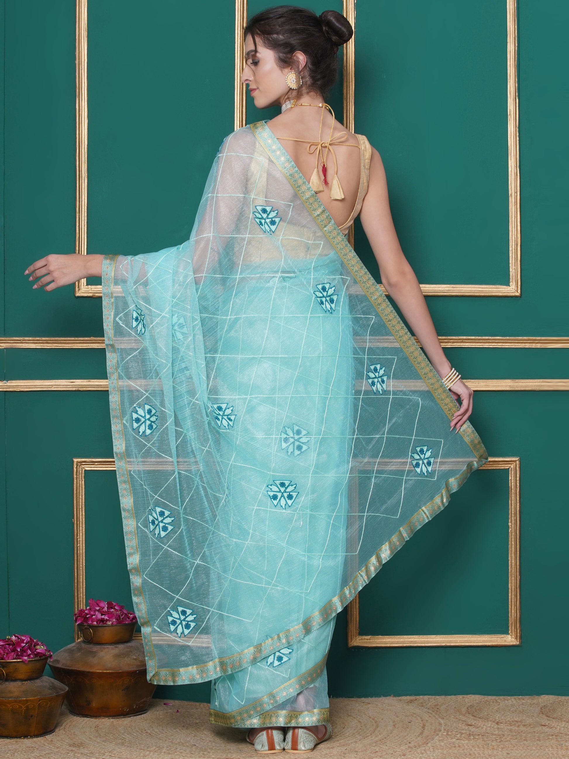 Net Embroidery Saree - Cyan