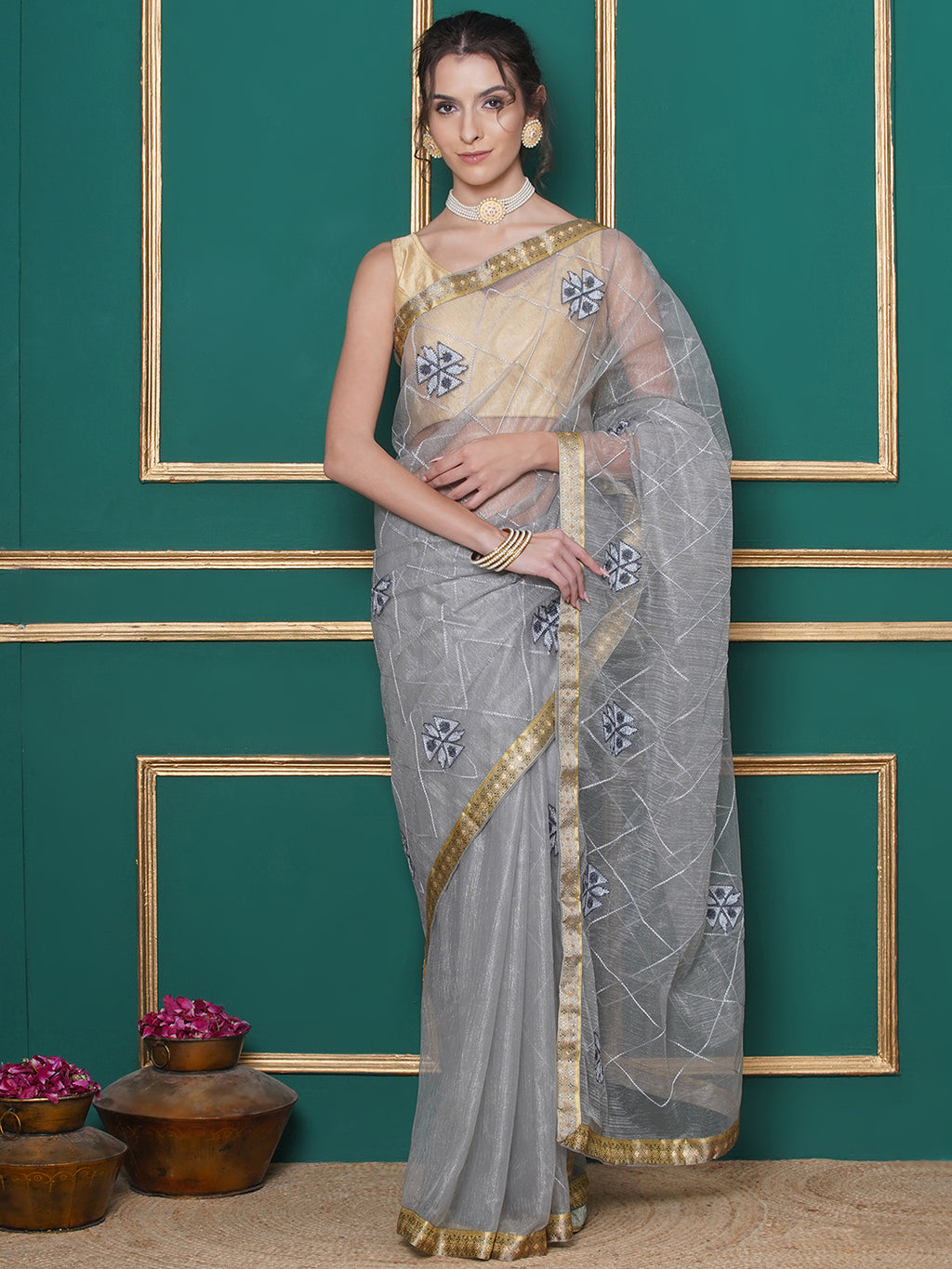 Net Embroidery Saree - Grey
