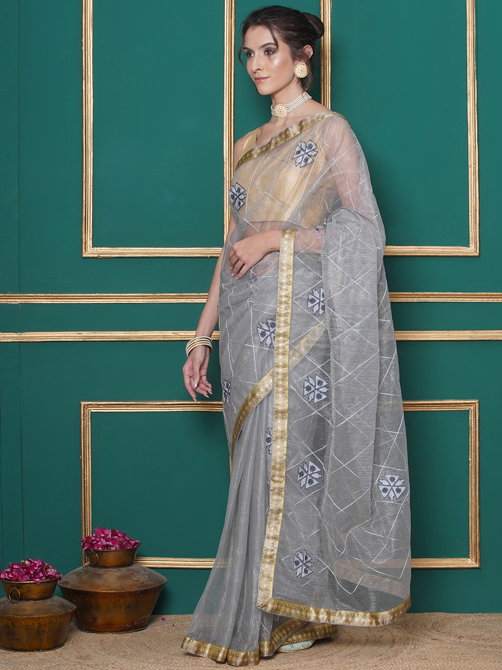 Net Embroidery Saree - Grey