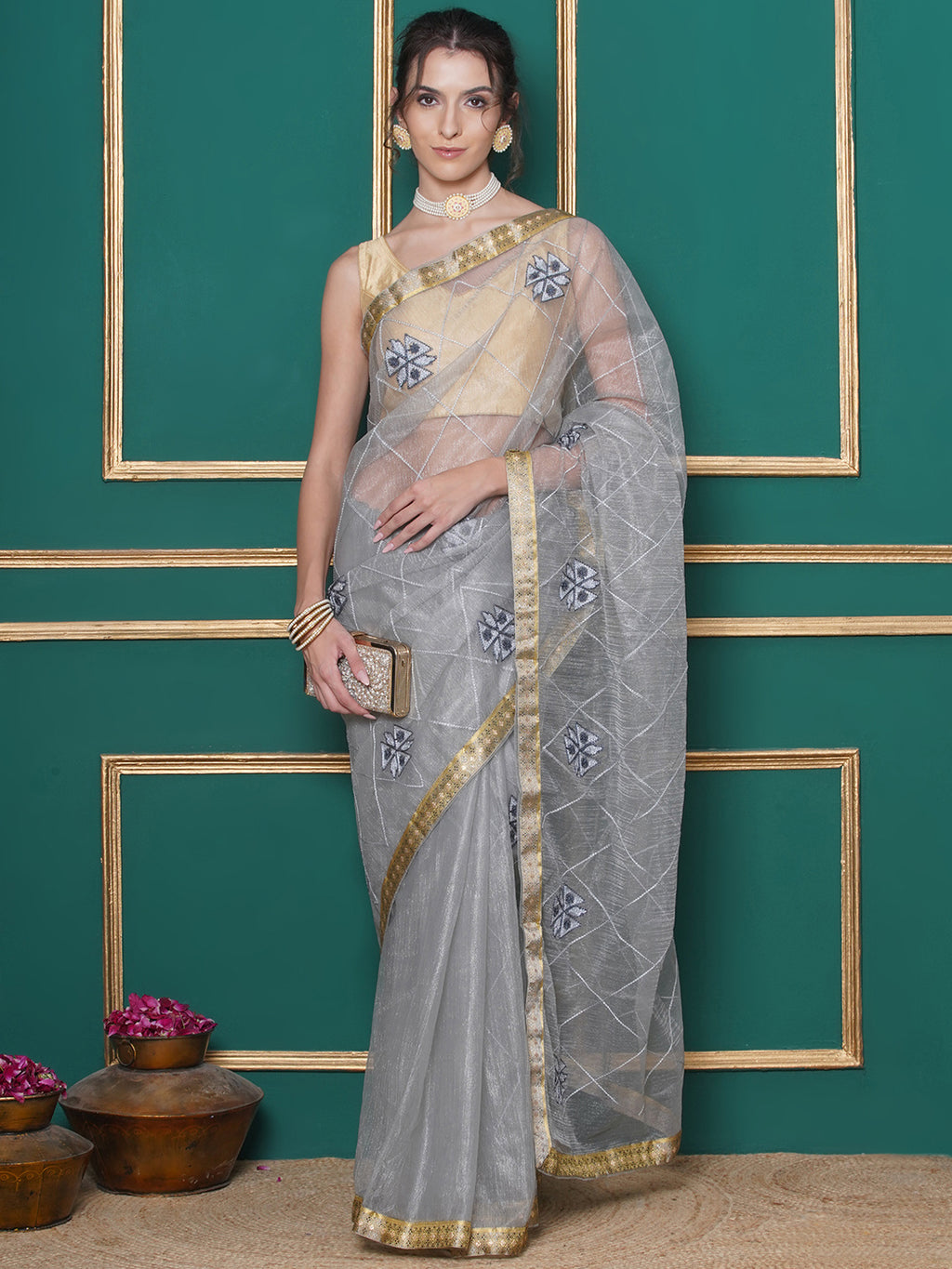 Net Embroidery Saree - Grey