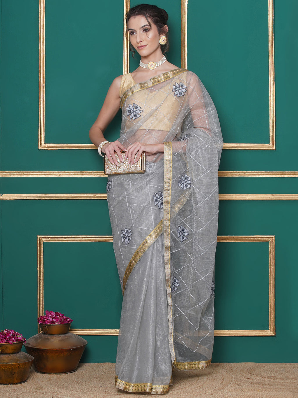 Net Embroidery Saree - Grey