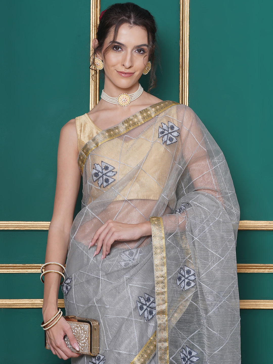 Net Embroidery Saree - Grey