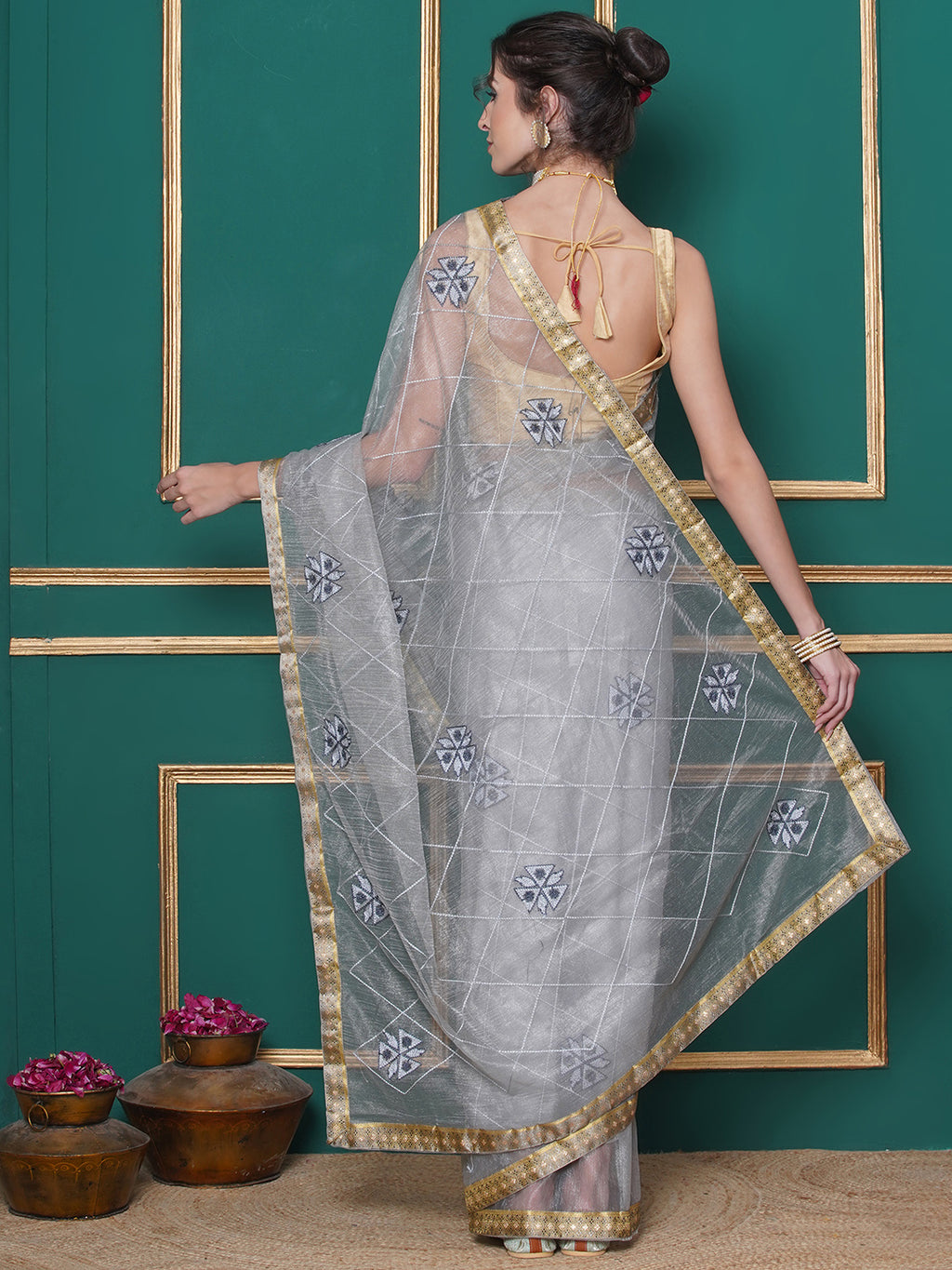 Net Embroidery Saree - Grey