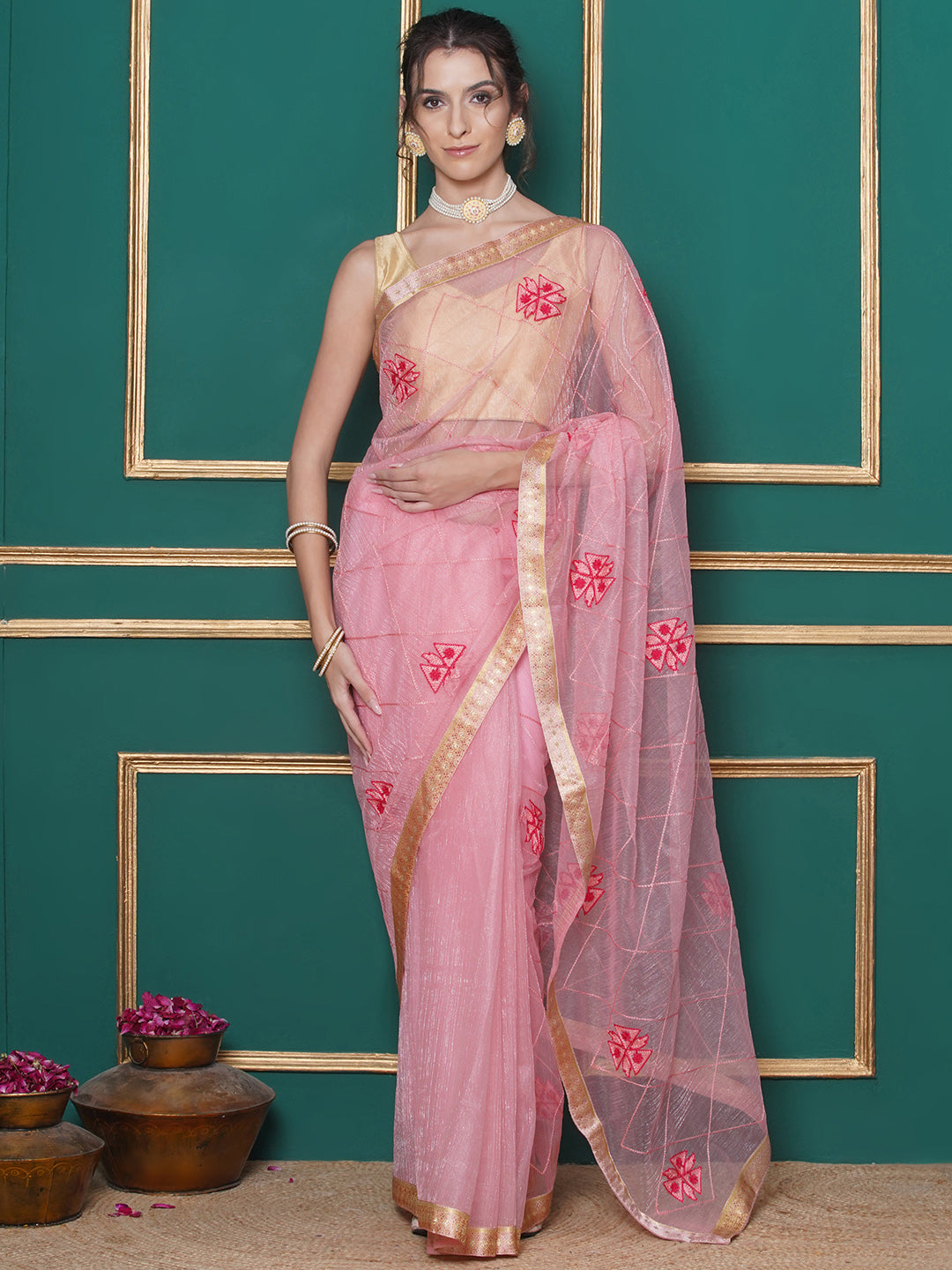 Net Embroidery Saree - Pink