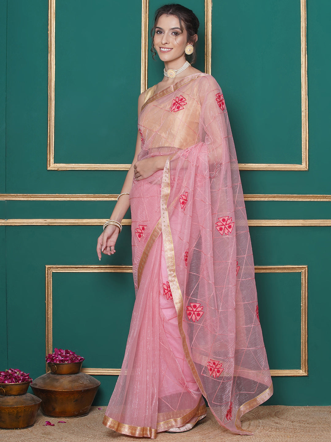 Net Embroidery Saree - Pink