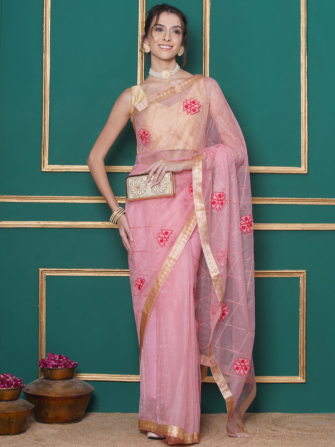 Net Embroidery Saree - Pink