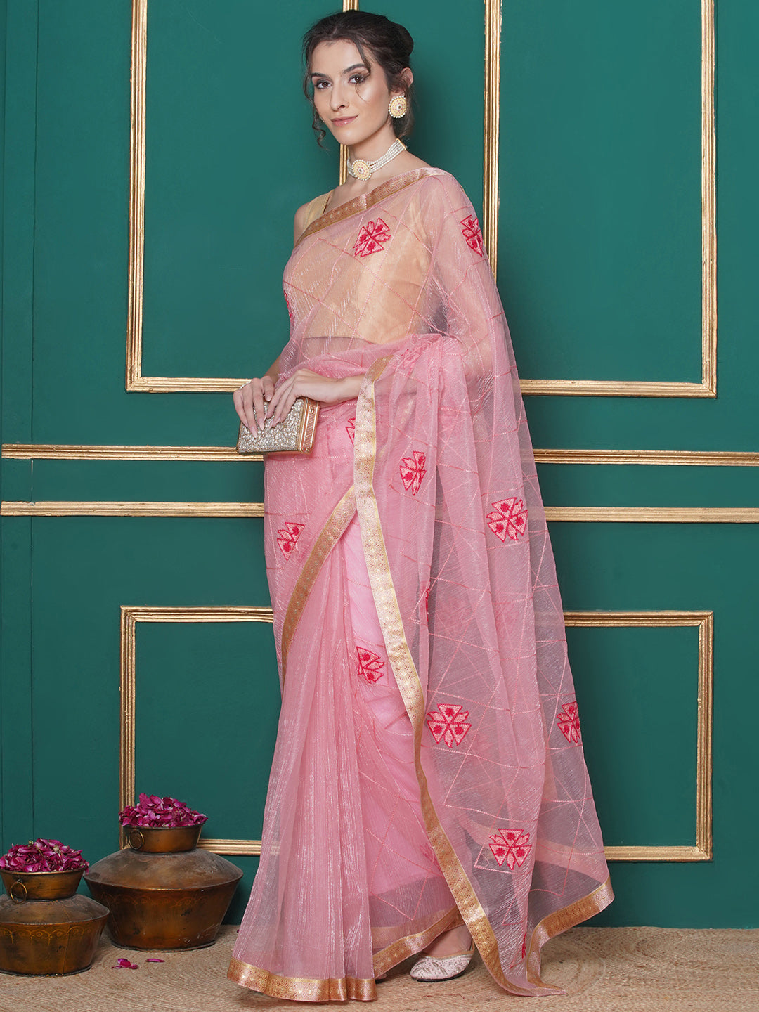 Net Embroidery Saree - Pink