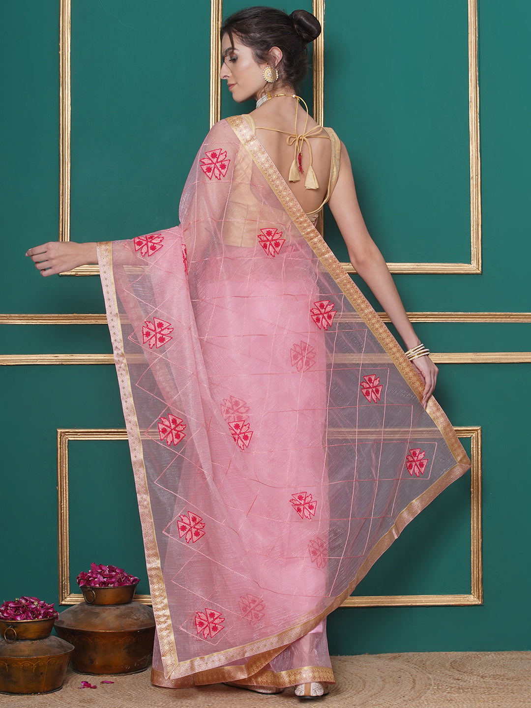 Net Embroidery Saree - Pink