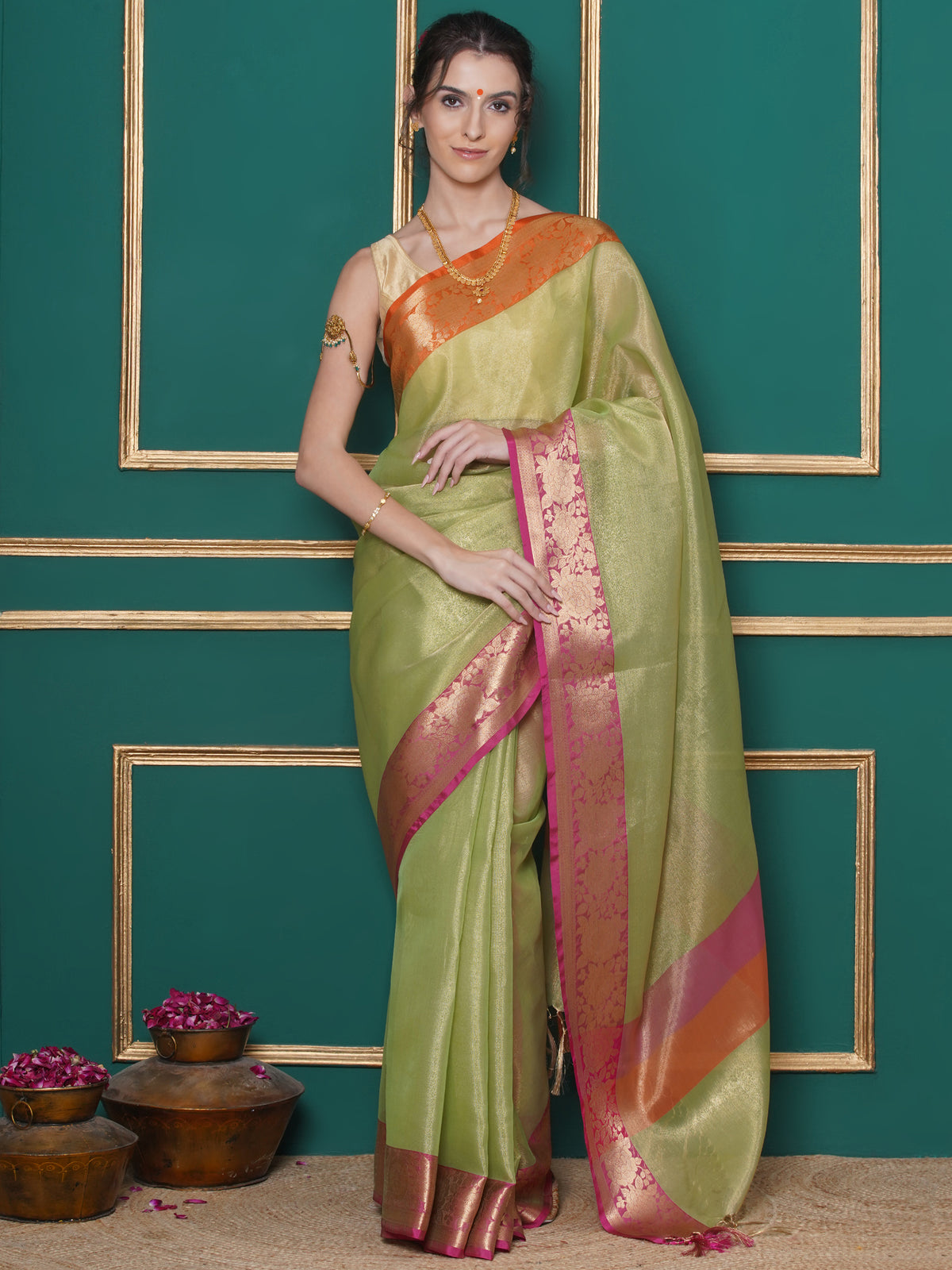 Banarasi Tissue with Ganga-Jamuna Border Saree - Green