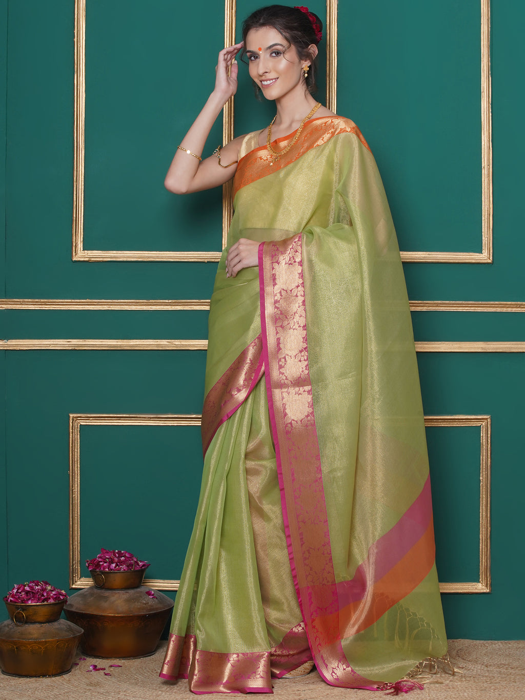 Banarasi Tissue with Ganga-Jamuna Border Saree - Green