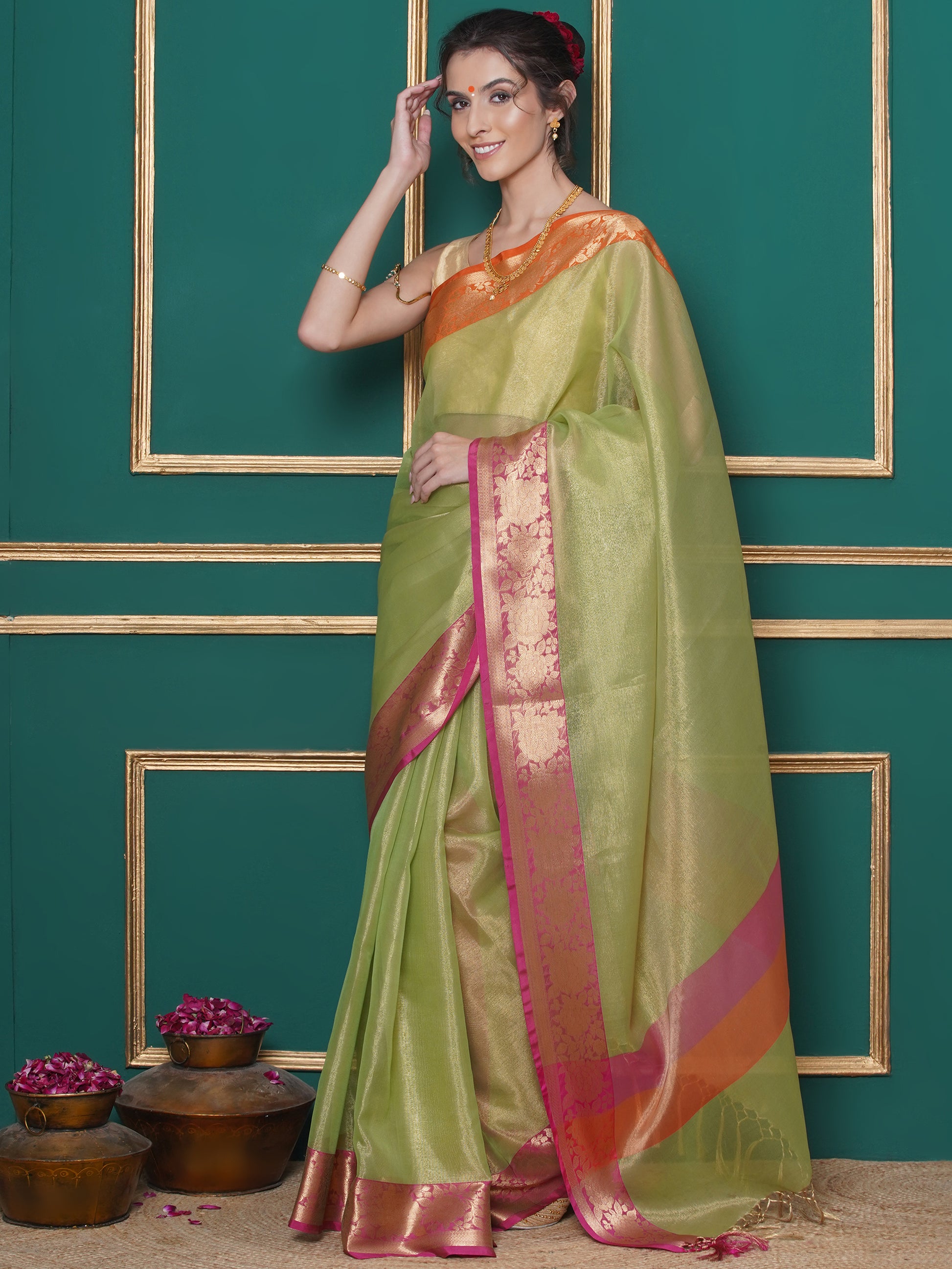 Banarasi Tissue with Ganga-Jamuna Border Saree - Green
