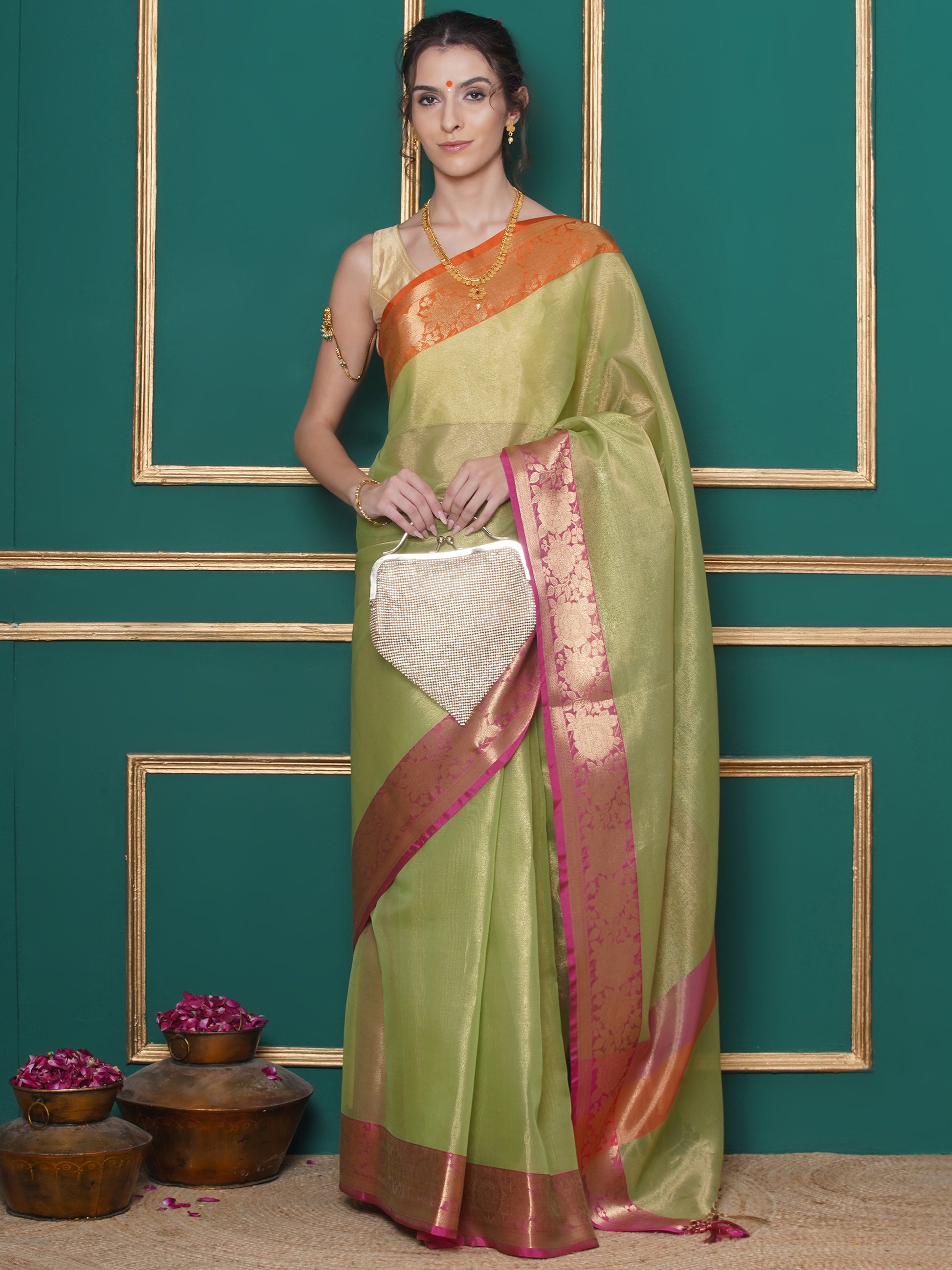 Banarasi Tissue with Ganga-Jamuna Border Saree - Green