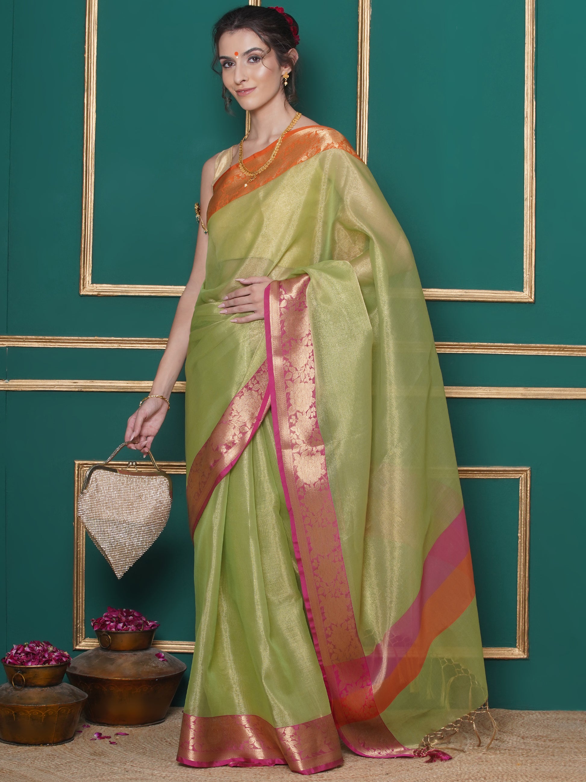 Banarasi Tissue with Ganga-Jamuna Border Saree - Green