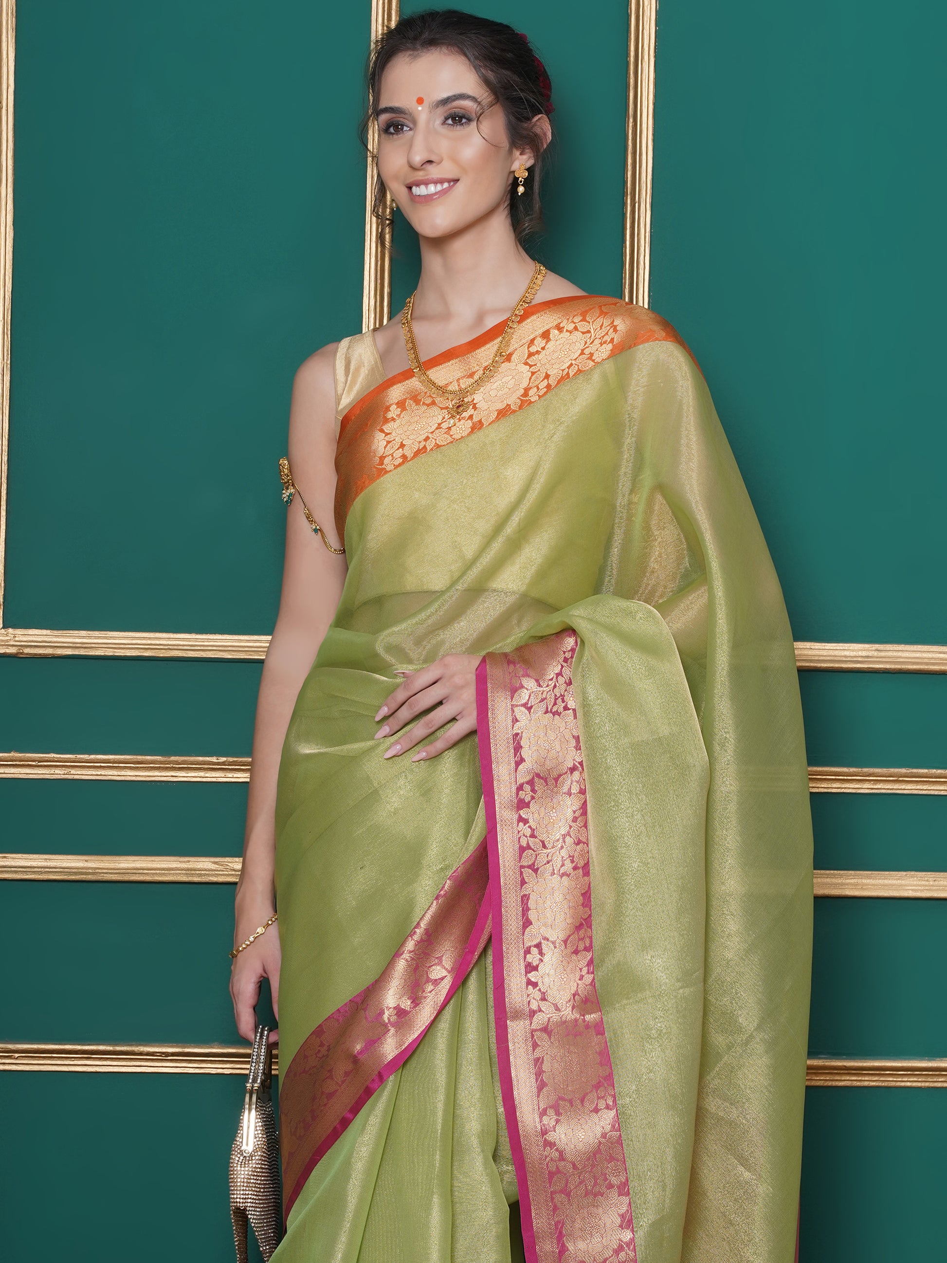 Banarasi Tissue with Ganga-Jamuna Border Saree - Green