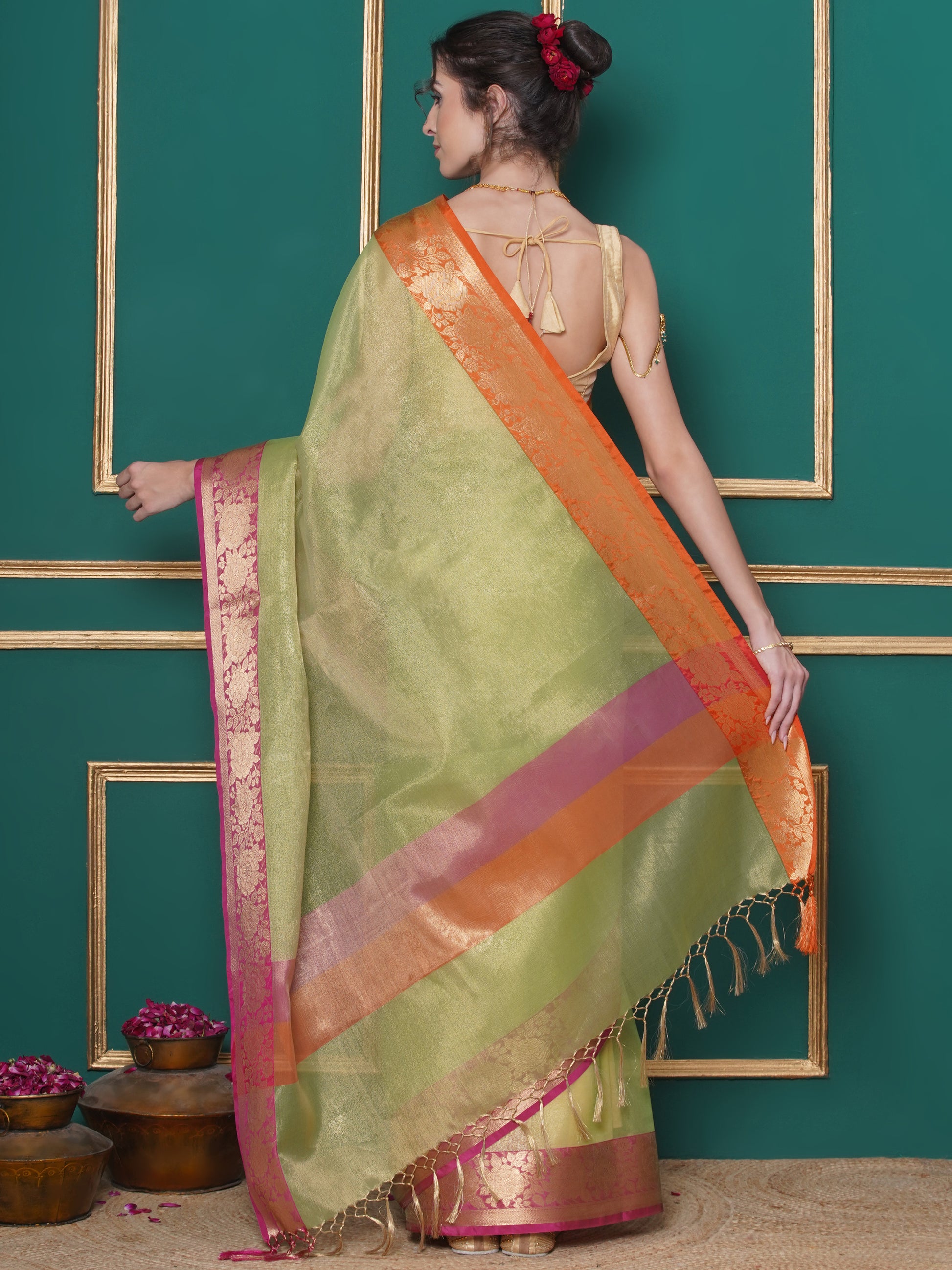 Banarasi Tissue with Ganga-Jamuna Border Saree - Green