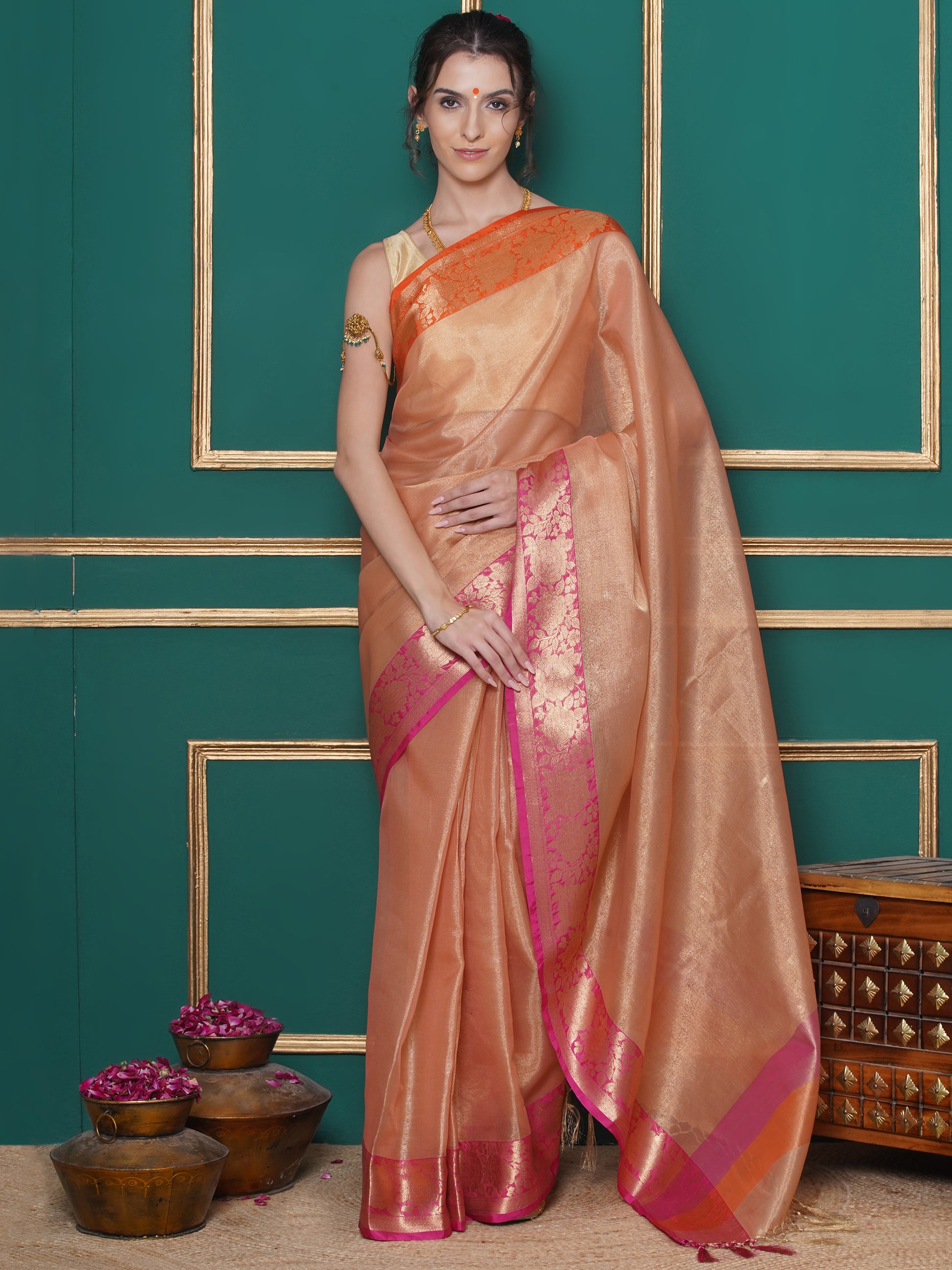 Banarasi Tissue with Ganga-Jamuna Border Saree - Orange