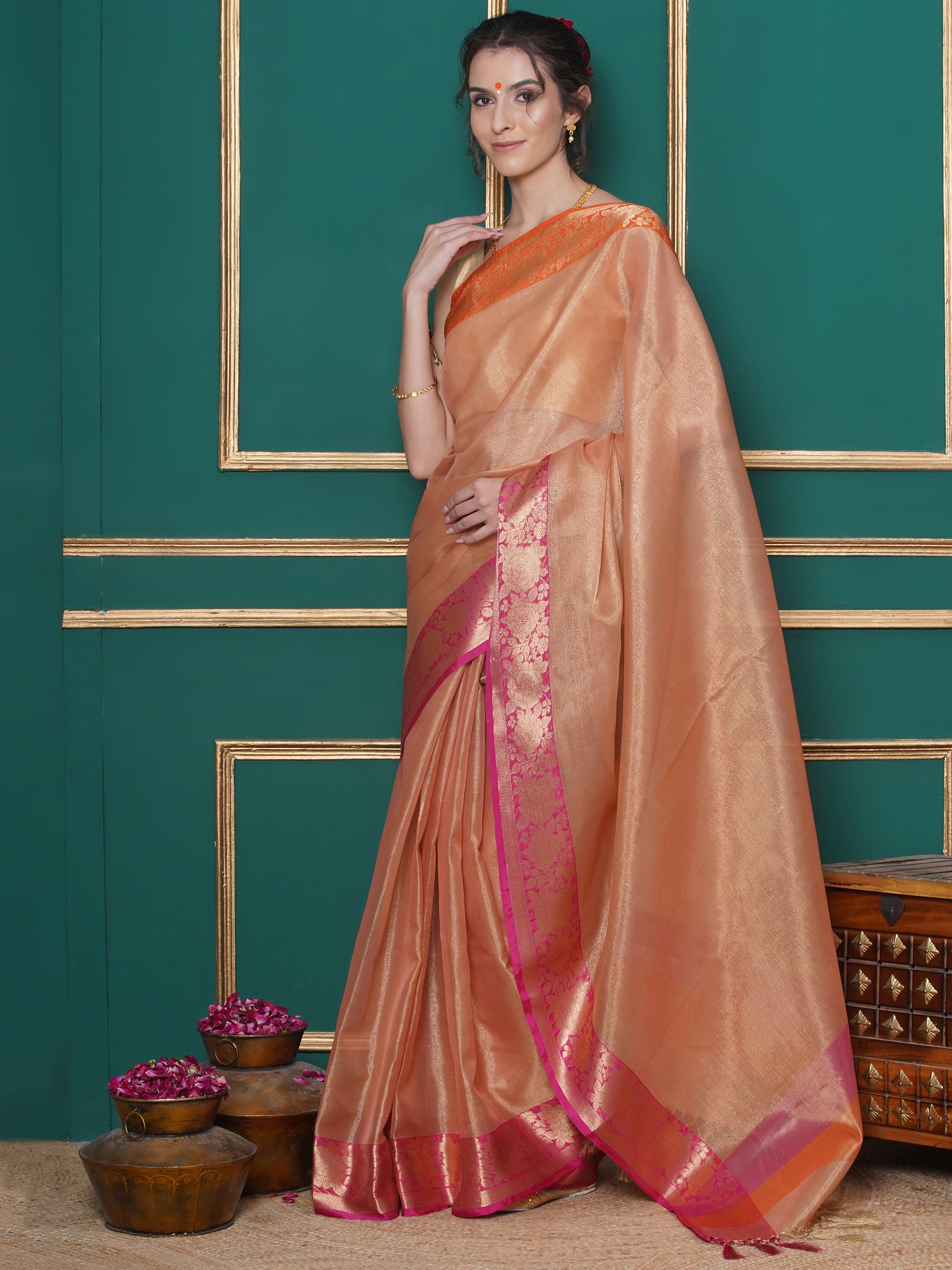 Banarasi Tissue with Ganga-Jamuna Border Saree - Orange