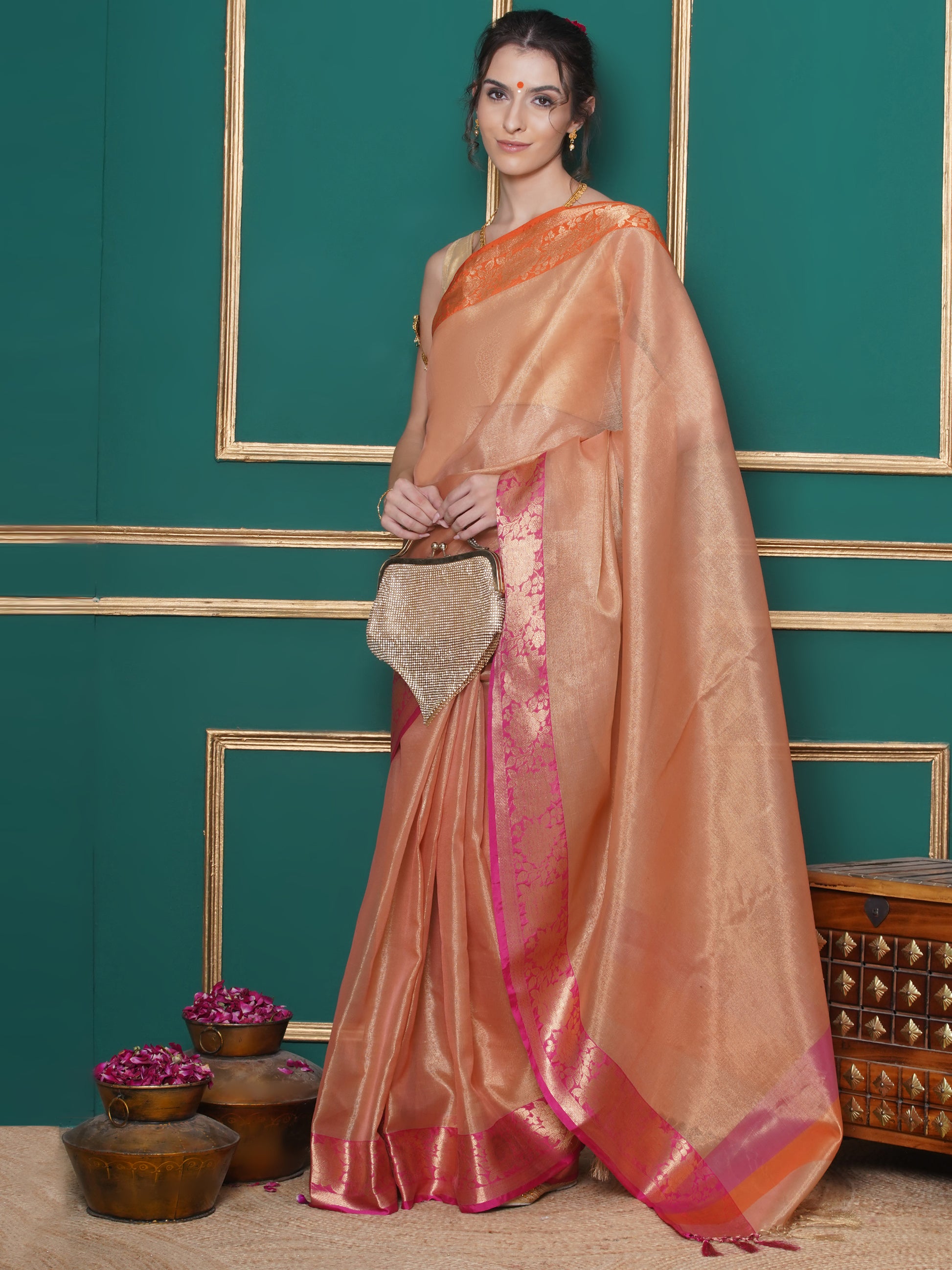 Banarasi Tissue with Ganga-Jamuna Border Saree - Orange