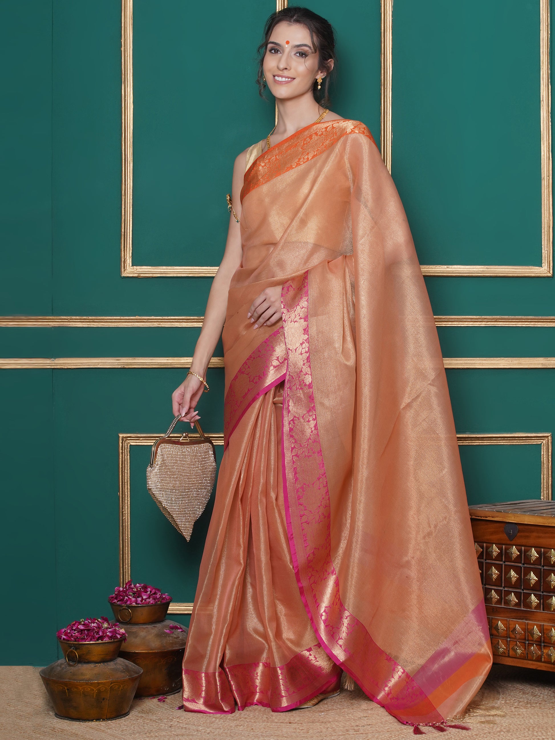 Banarasi Tissue with Ganga-Jamuna Border Saree - Orange