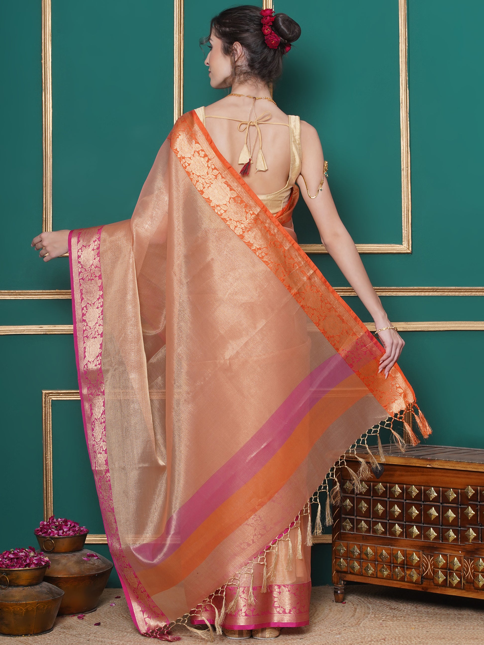 Banarasi Tissue with Ganga-Jamuna Border Saree - Orange