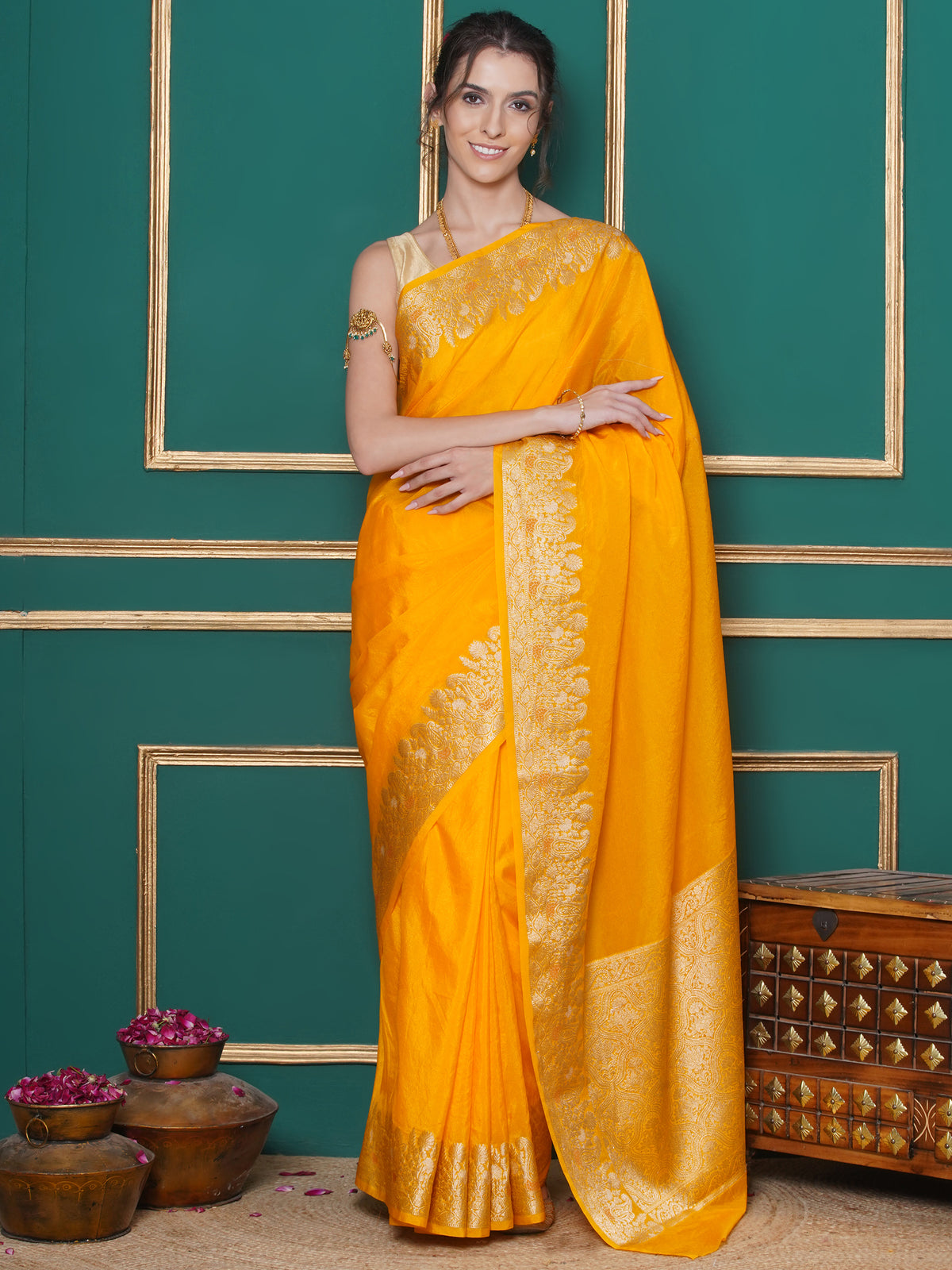 Banarasi Raw Silk With Zari Border - Mango Yellow