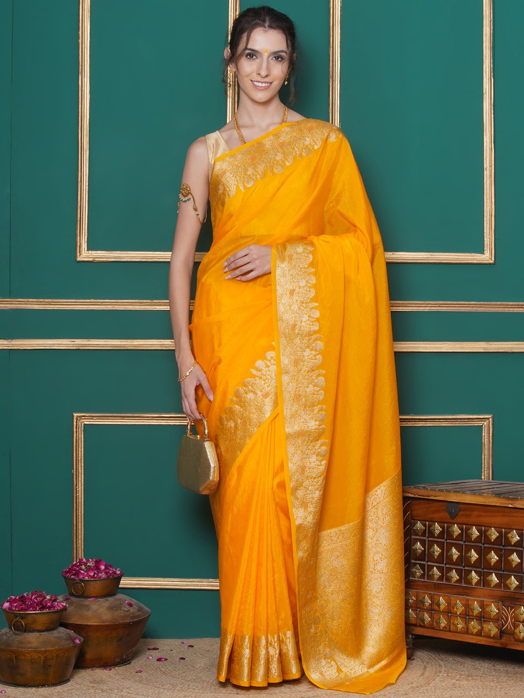 Banarasi Raw Silk With Zari Border - Mango Yellow