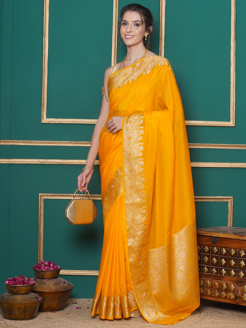 Banarasi Raw Silk With Zari Border - Mango Yellow