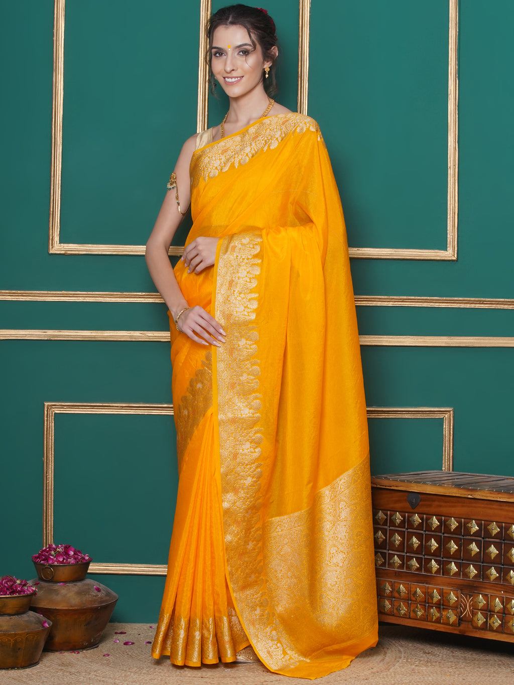 Banarasi Raw Silk With Zari Border - Mango Yellow