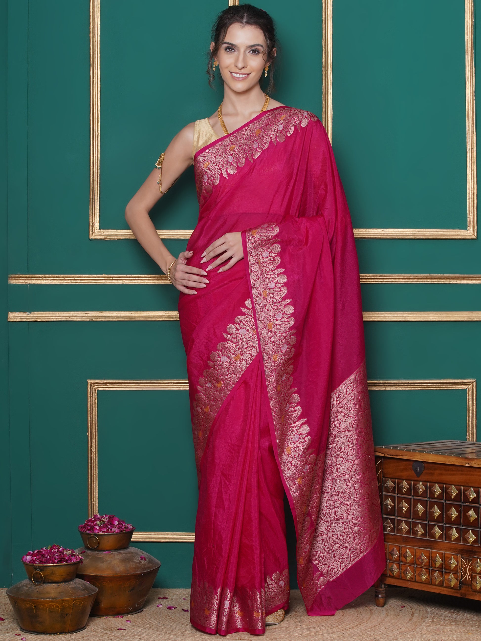 Banarasi Raw Silk With Zari Border - Rani Pink