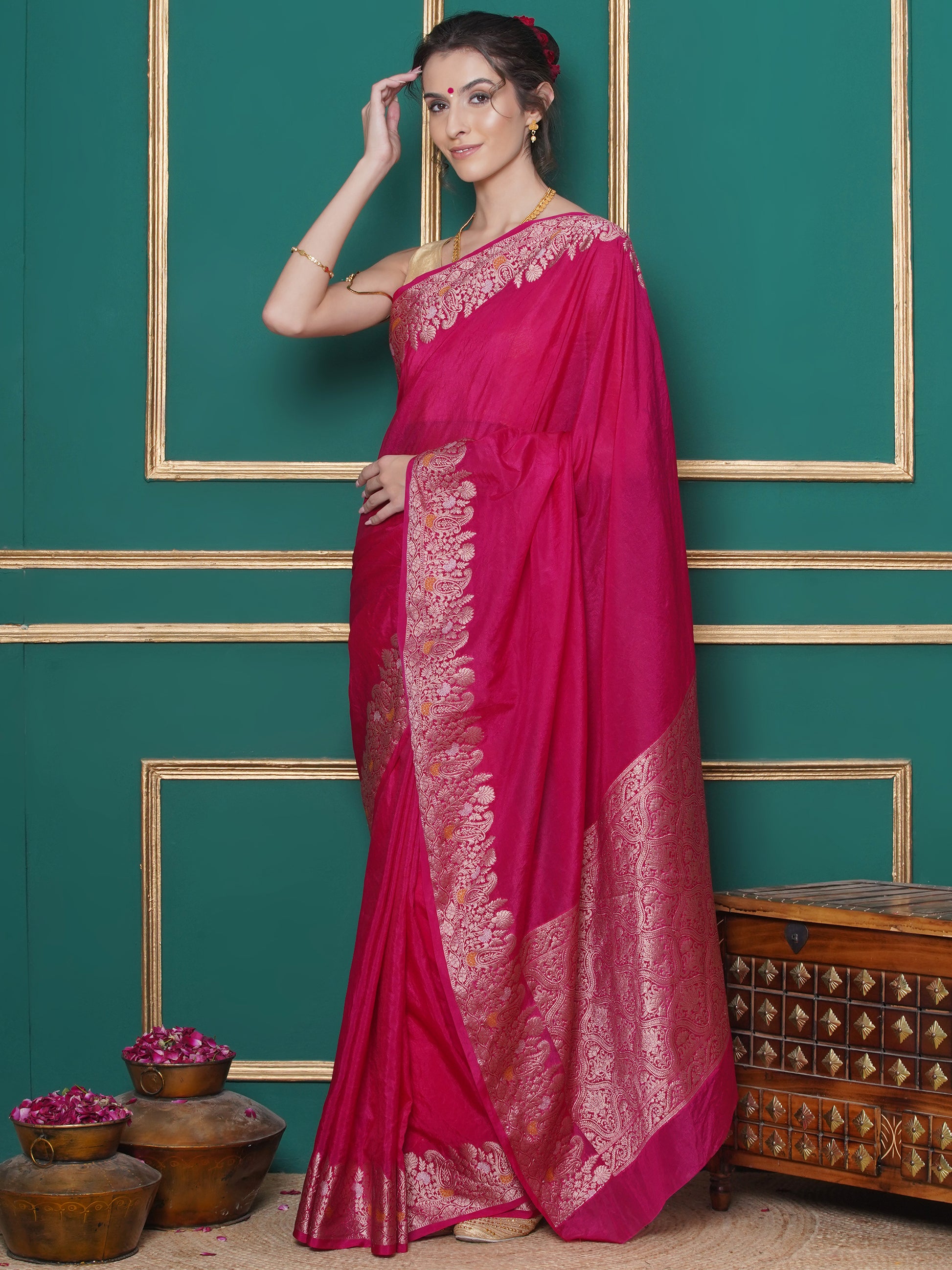 Banarasi Raw Silk With Zari Border - Rani Pink