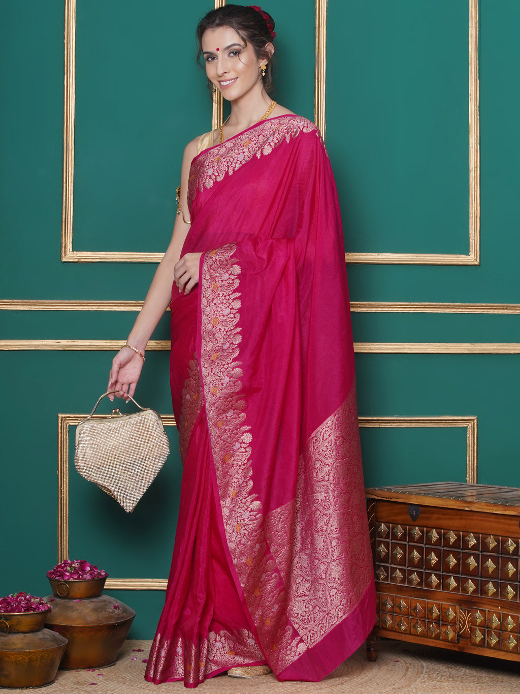 Banarasi Raw Silk With Zari Border - Rani Pink